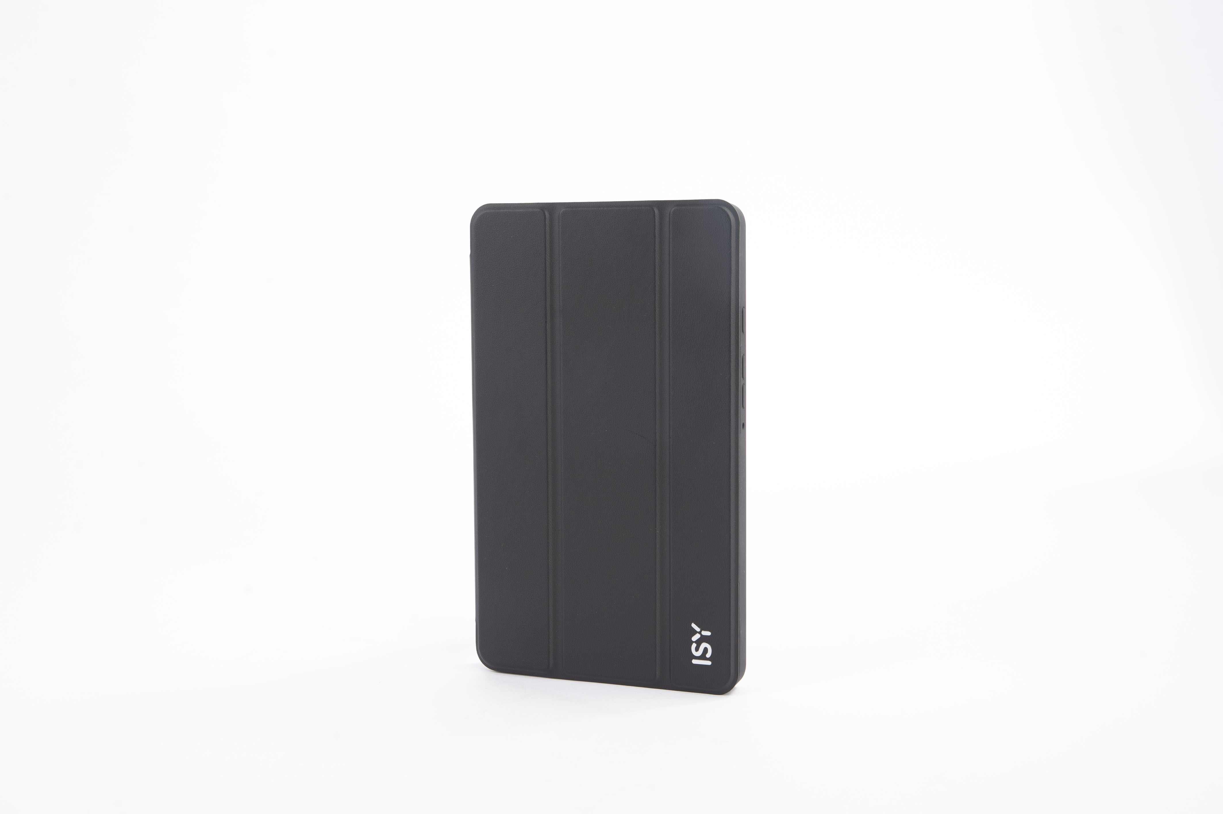 Eine schwarze Tablet-Hülle mit drei vertikalen Falten und dem ISY-Logo.