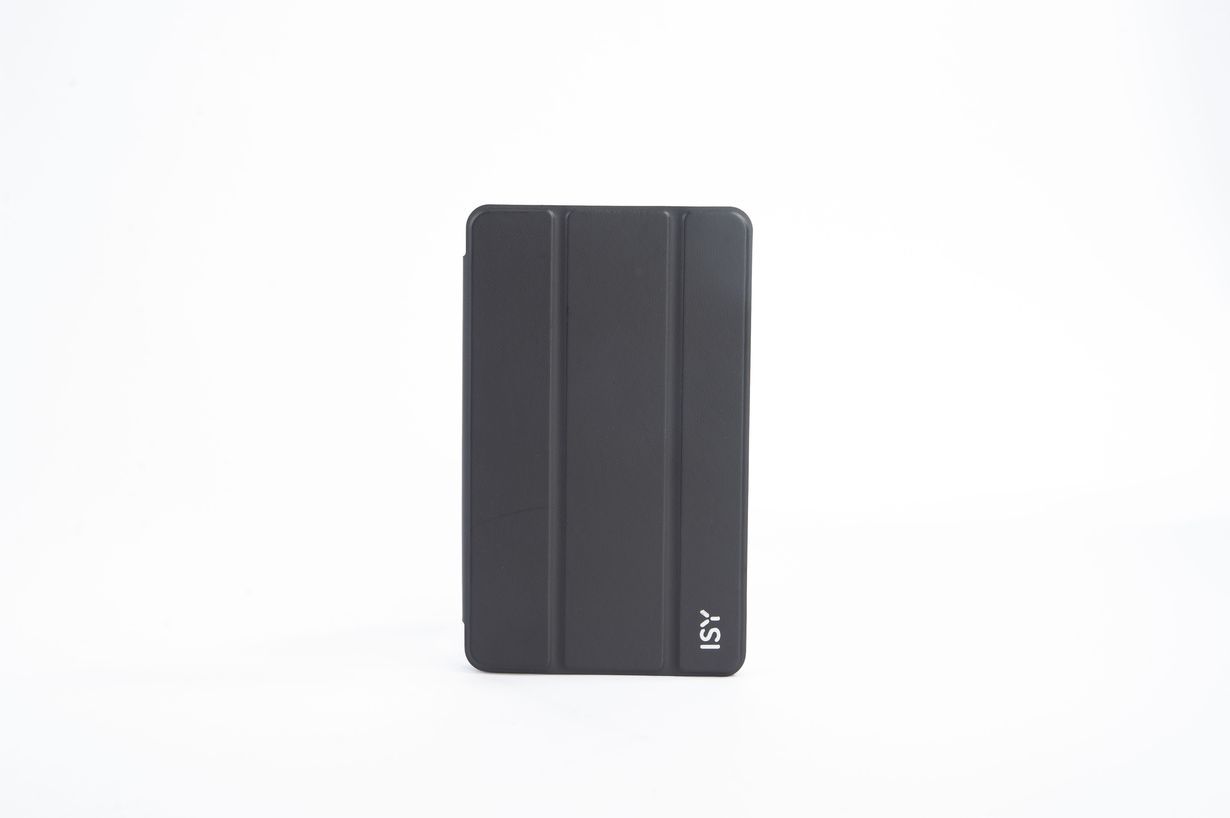 Ein dunkler Tablet-Hülle mit vertikalen Falten und dem ISY-Logo.