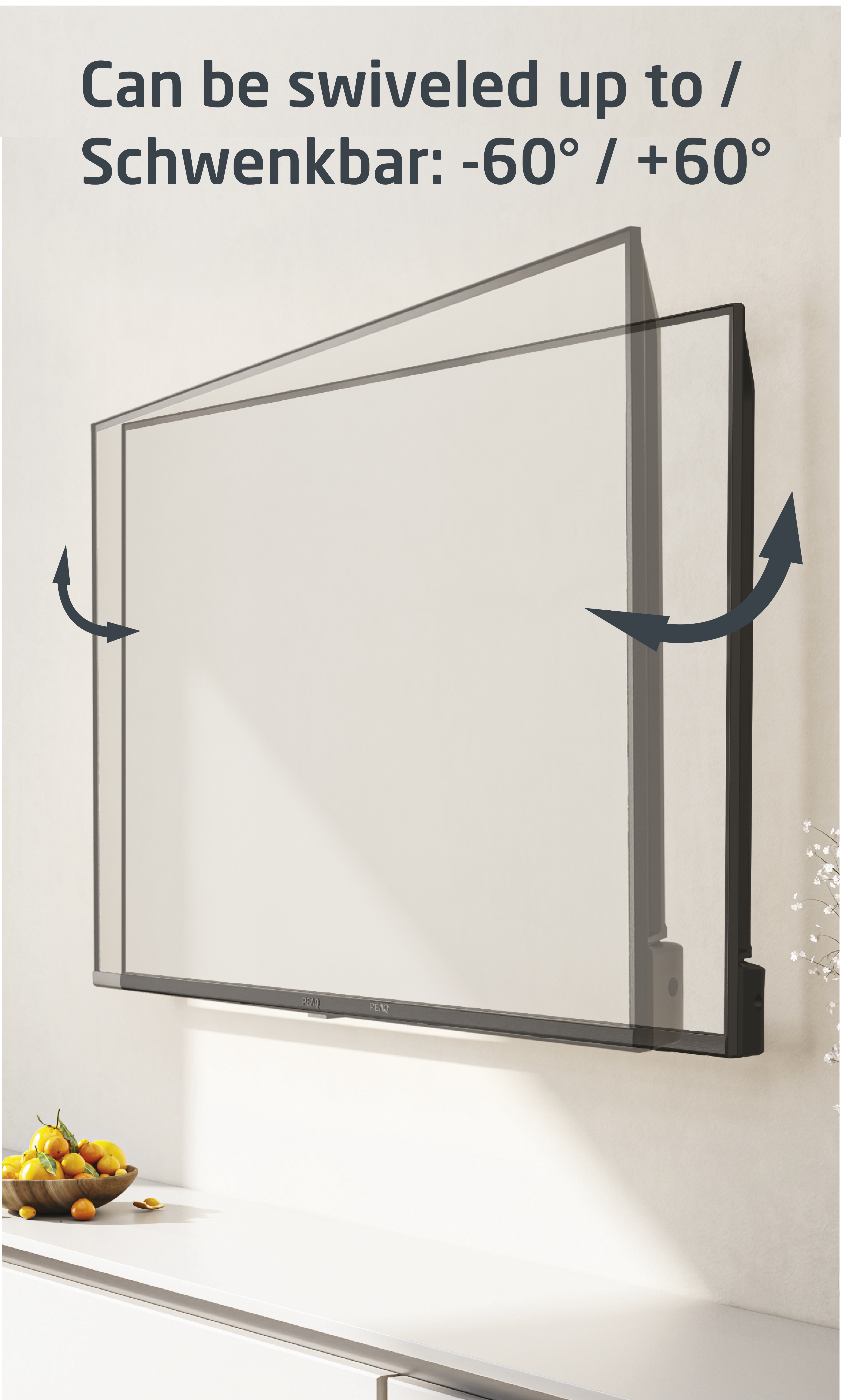 Telewizor zamontowany na ścianie, ze strzałkami pokazującymi możliwość obrotu -60° / +60°.