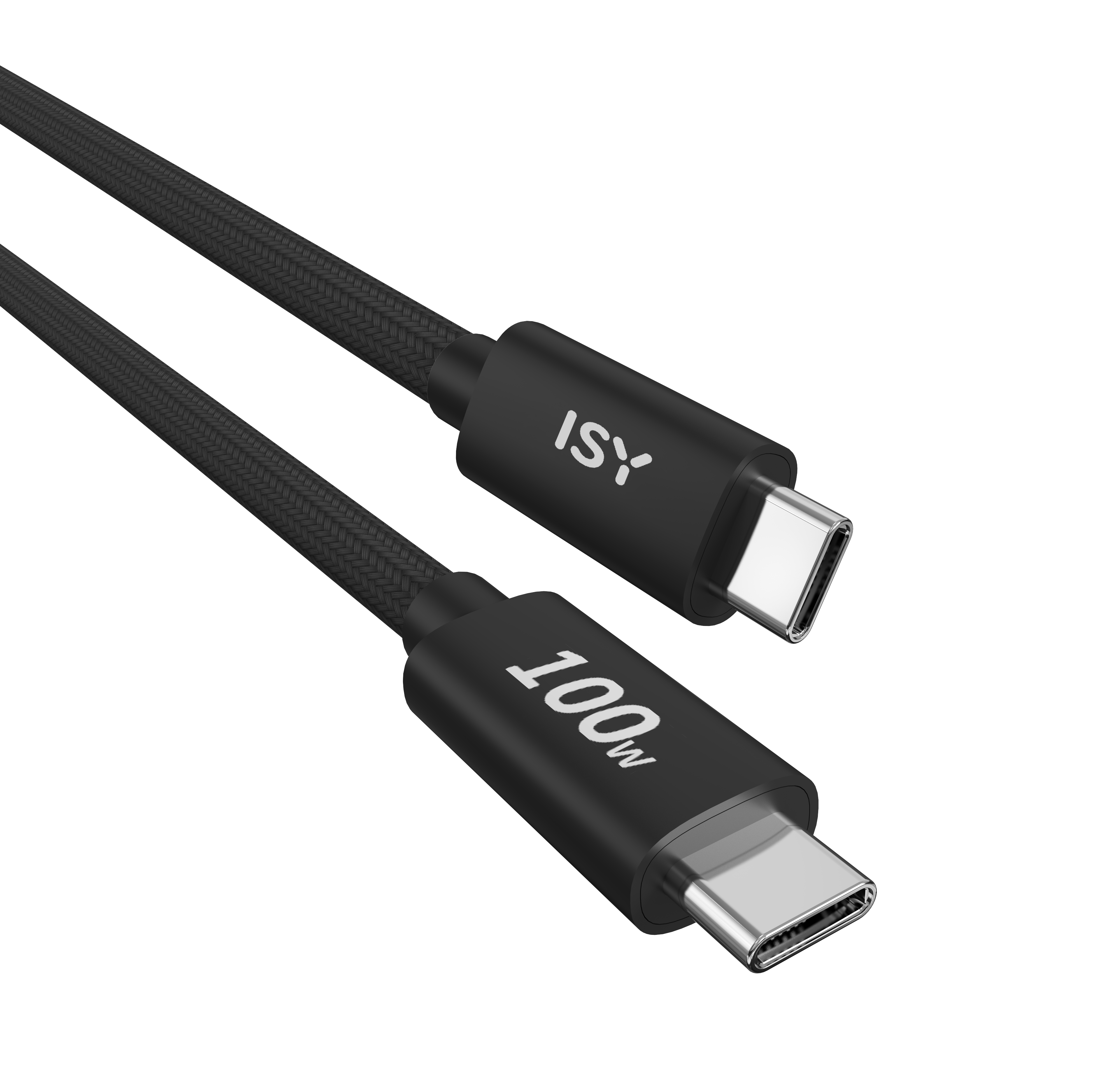 Czarny kabel USB-C z oznaczeniem 100W i logo ISY.