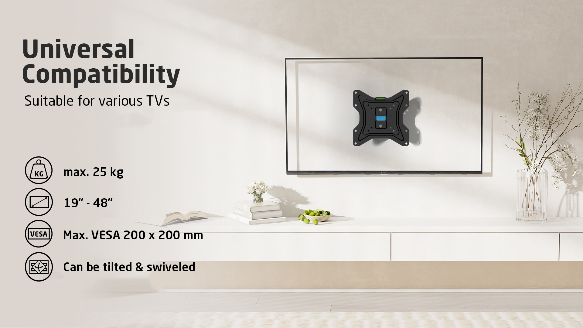 Support TV sur mur blanc, avec texte sur la compatibilité universelle et les fonctionnalités.