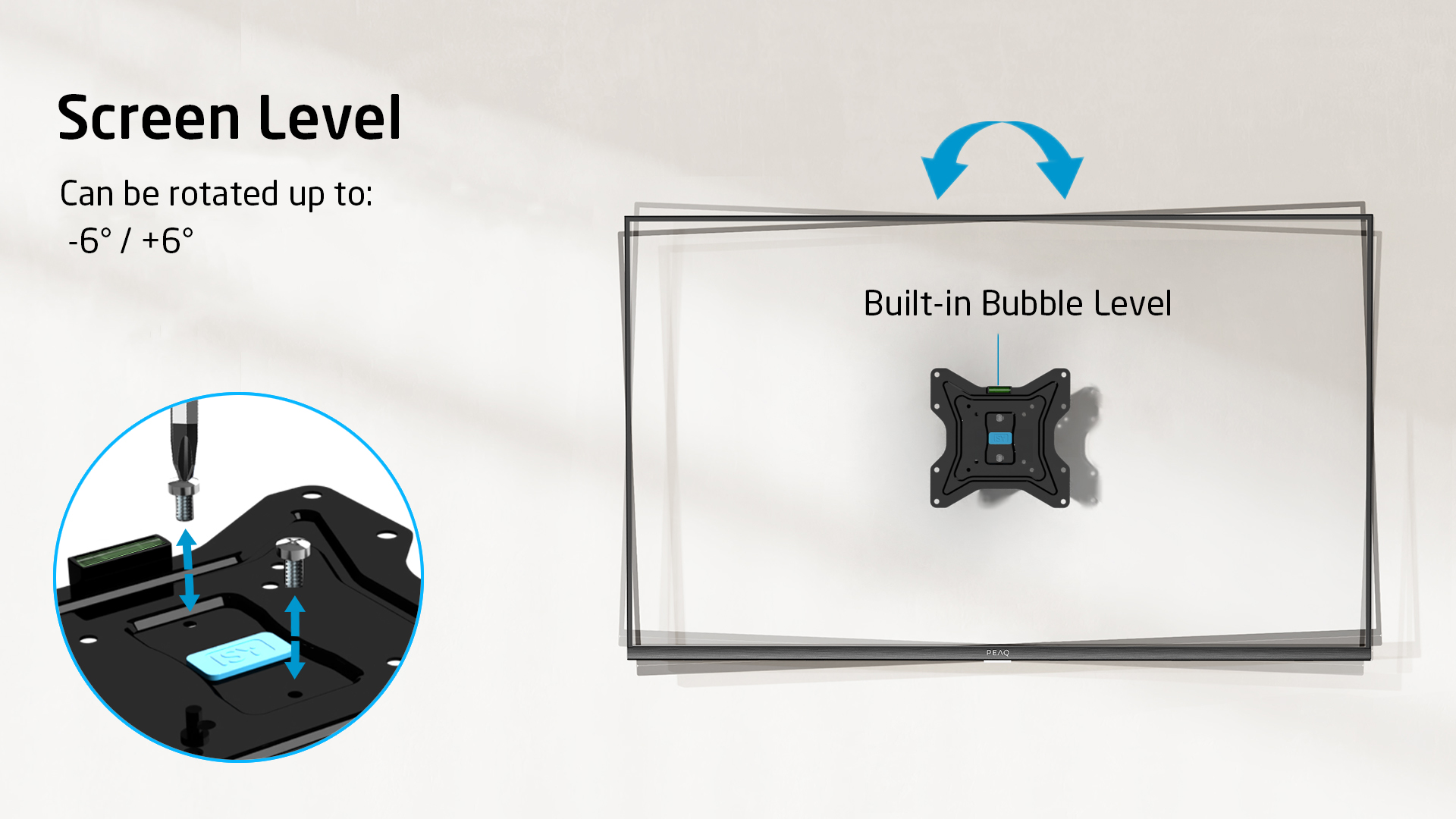 Un support TV avec un niveau à bulle intégré et des vis.