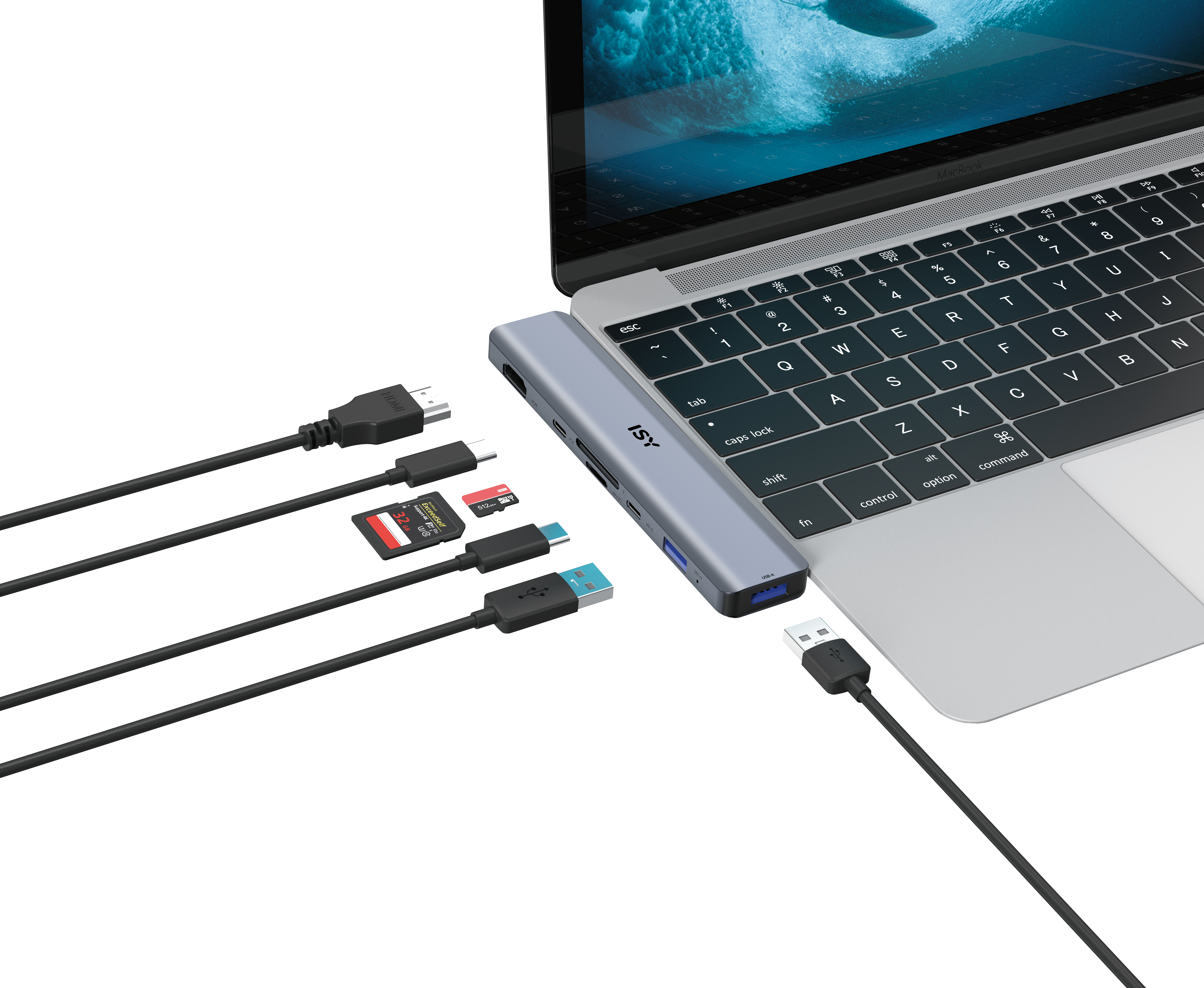 Laptop z hubem, kablami i akcesoriami.