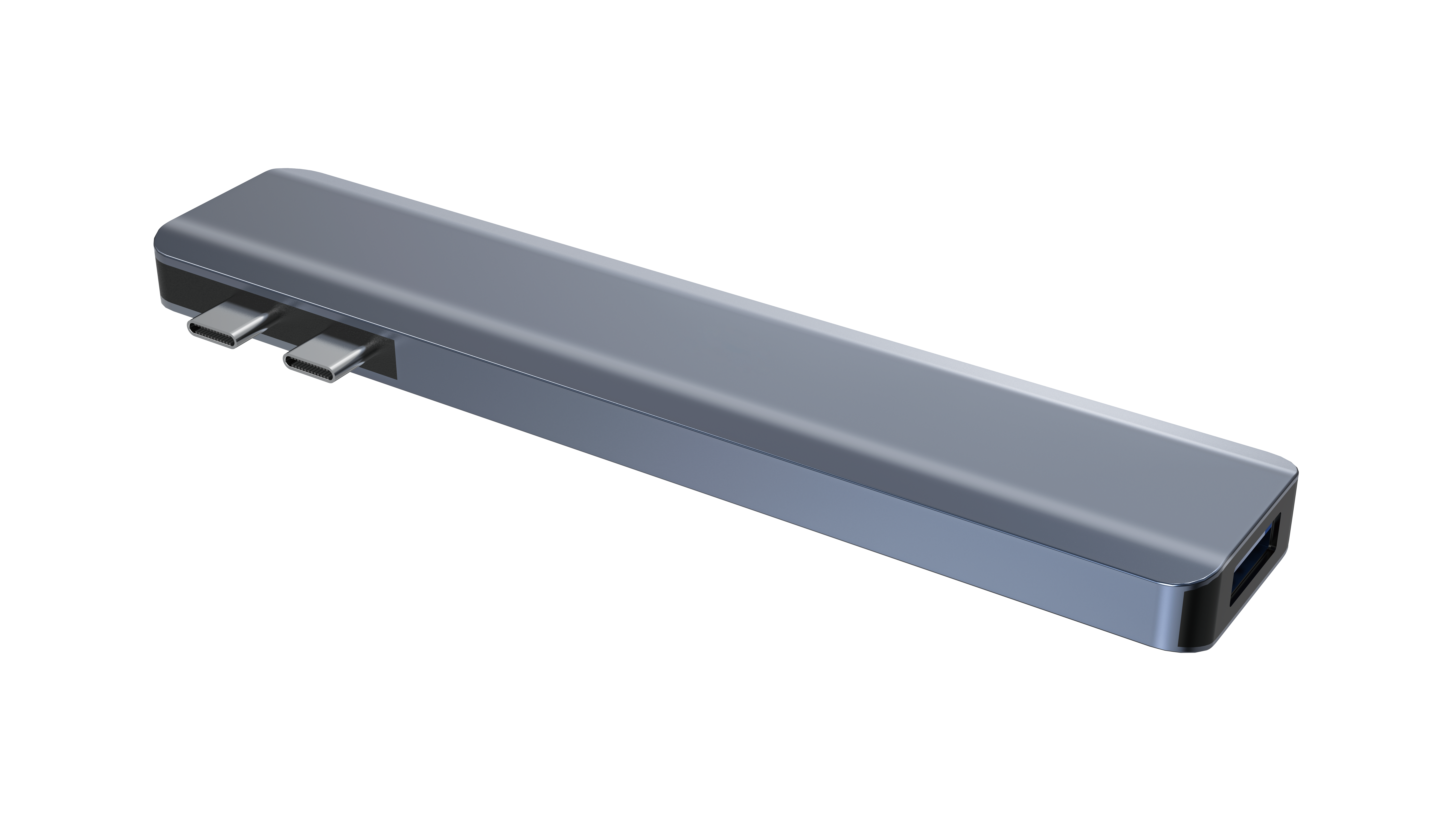 Szary hub USB-C z trzema portami USB-C i portem USB-A.