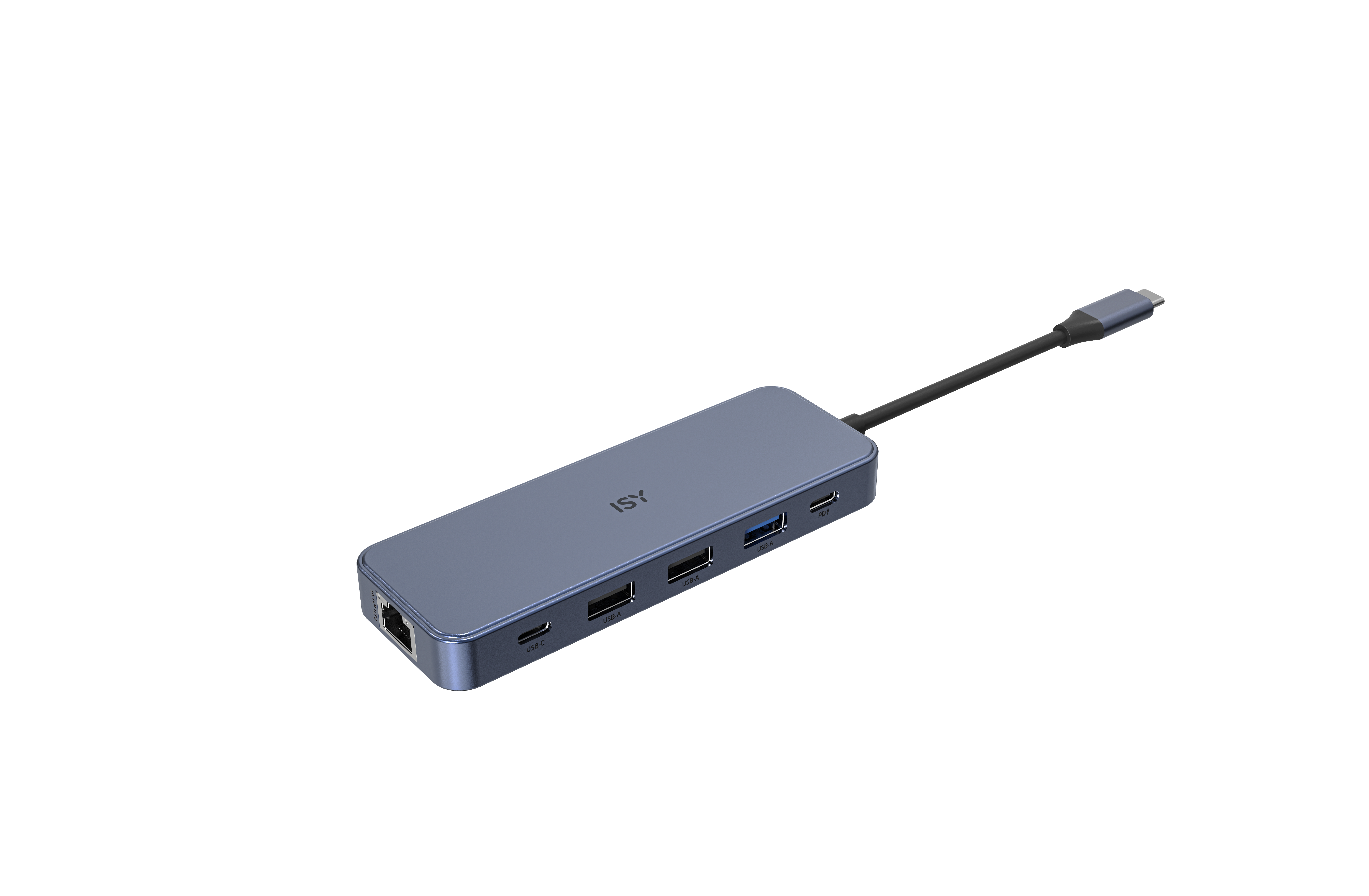 Un hub USB-C bleu avec plusieurs ports.