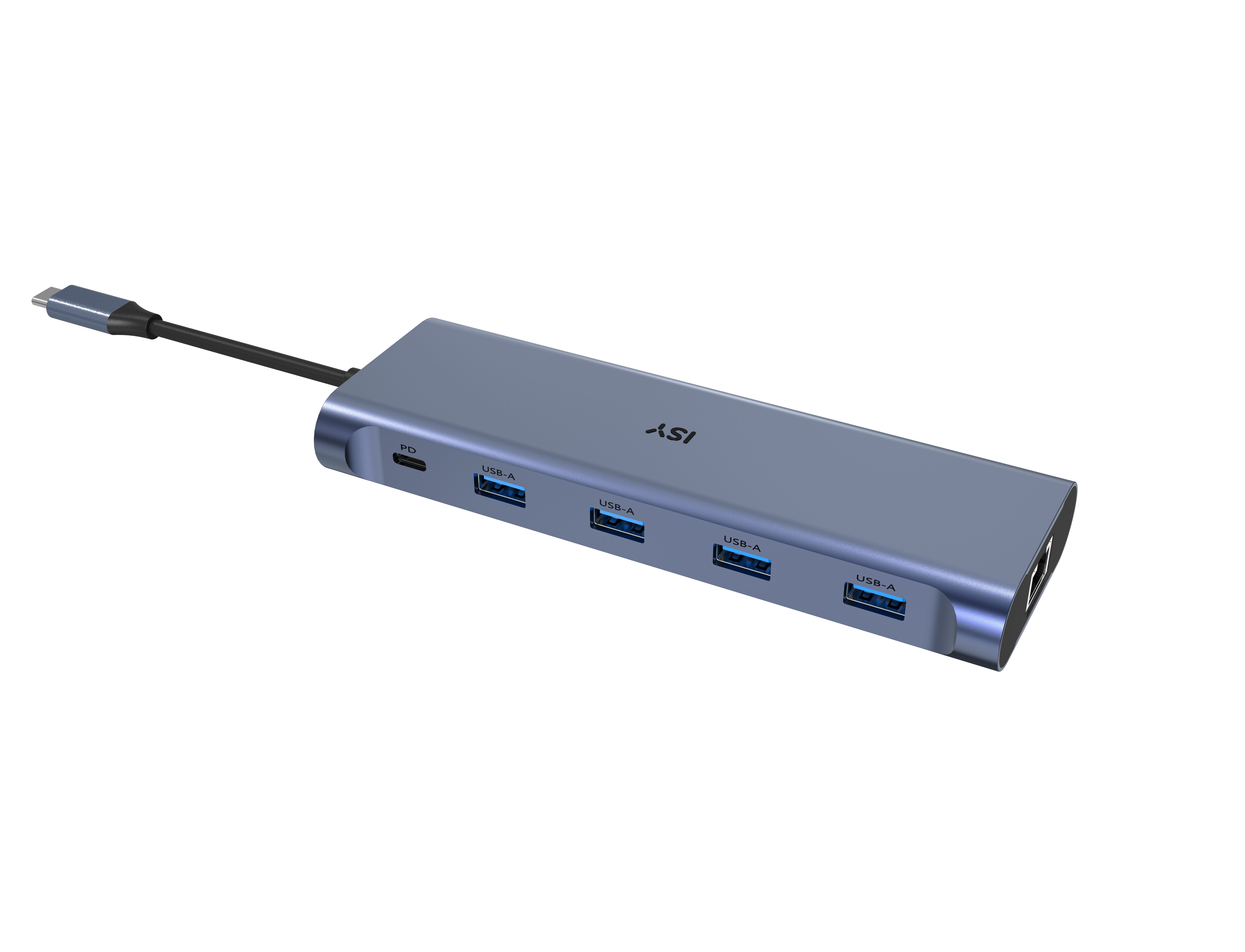 Niebieski hub USB ISY z czterema portami USB-A, PD i portem Ethernet.