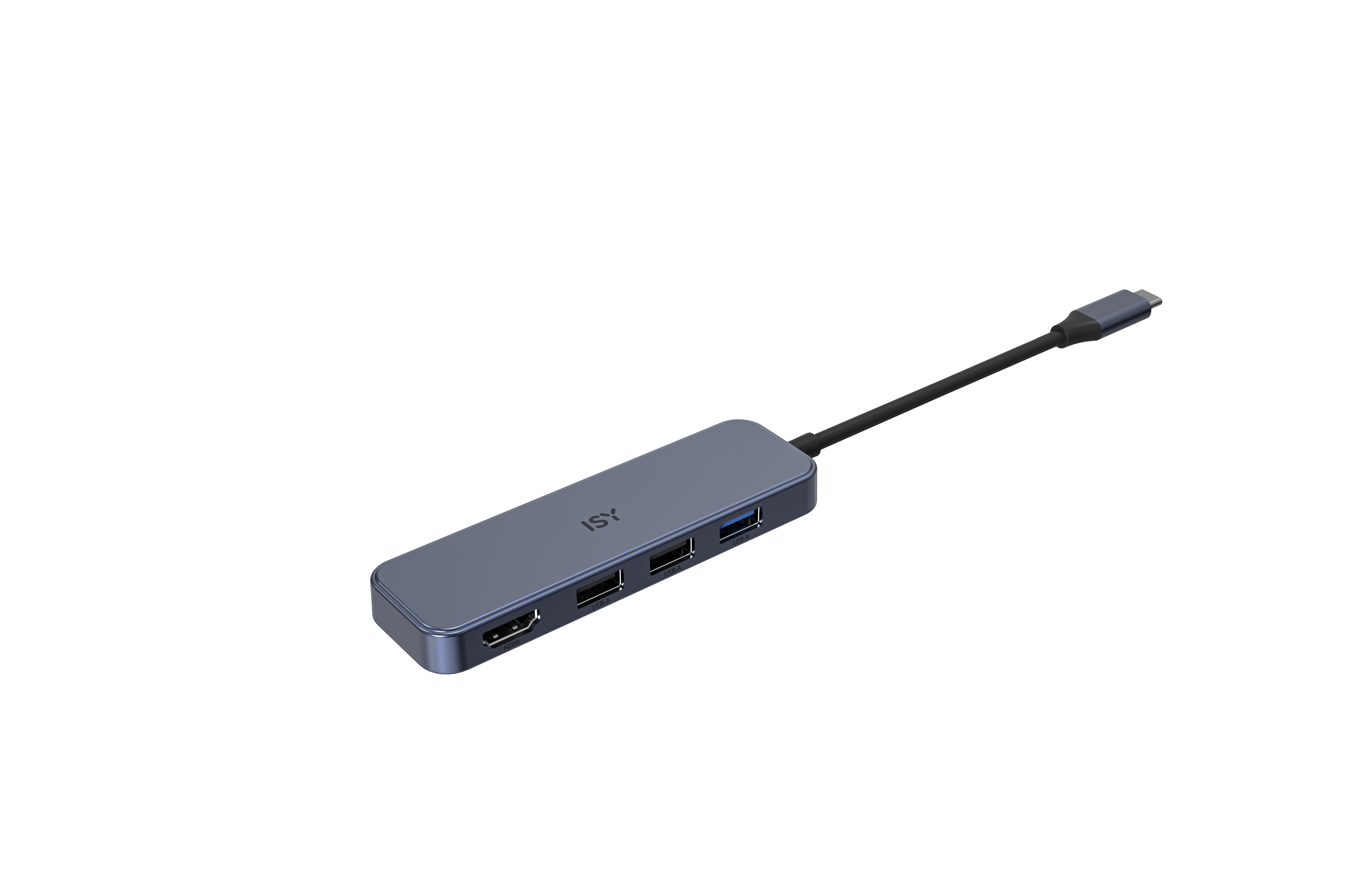 Hub ISY con più porte, tra cui HDMI e USB. Sfondo scuro.