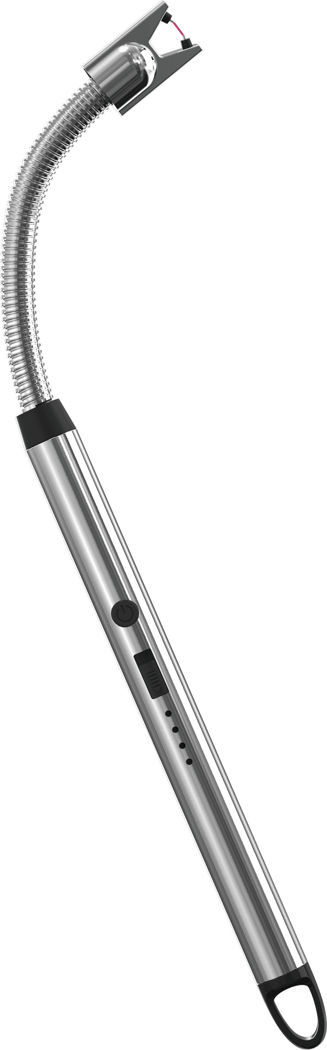 Srebrna zapalniczka z elastyczną szyją, czarnym uchwytem i przyciskiem. Zapalniczka jest włączona.