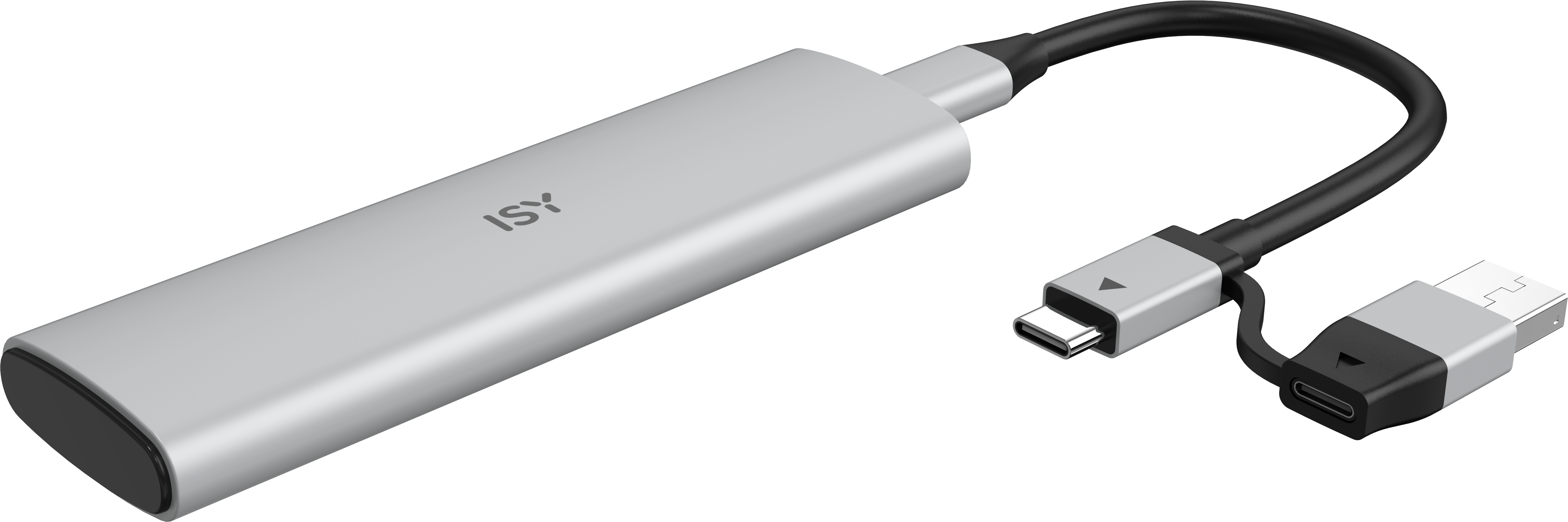 Srebrny adapter ze złączem USB-C i USB-A, połączony czarnym kablem.