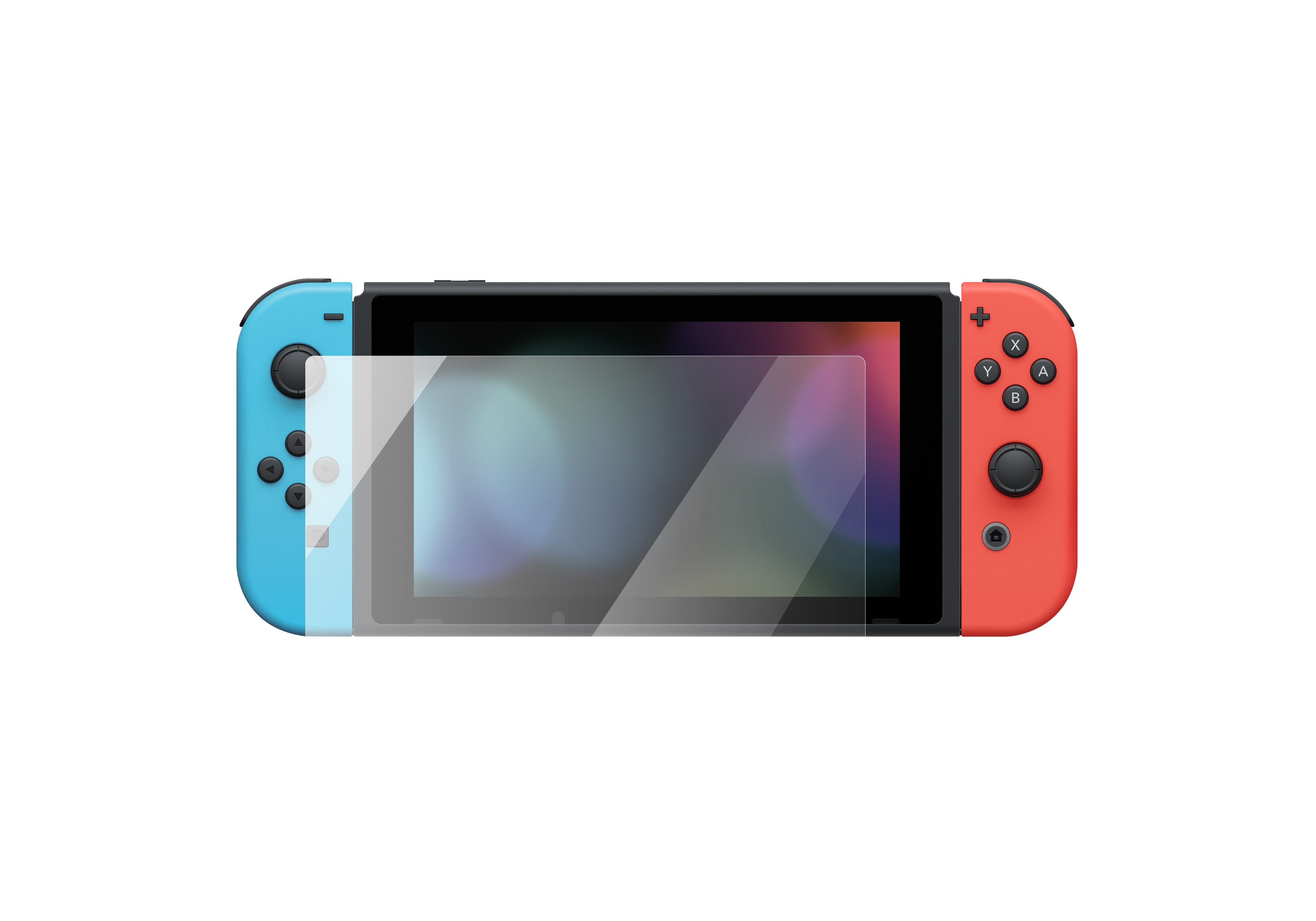 Nintendo Switch con protezione schermo. Controller blu e rossi. Sfondo nero.