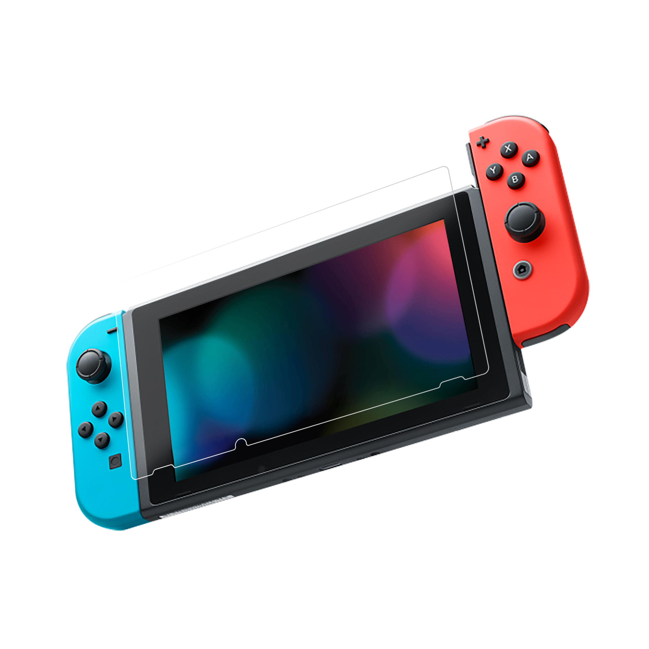 Una console Nintendo Switch con controller rimovibili. Quello sinistro è blu, quello destro rosso.