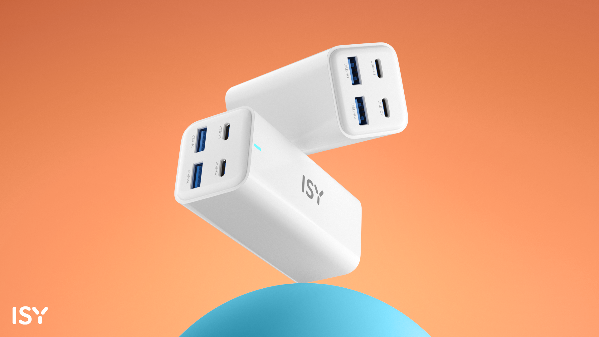 Due power bank bianchi con porte USB su uno sfondo sfumato arancione e giallo.