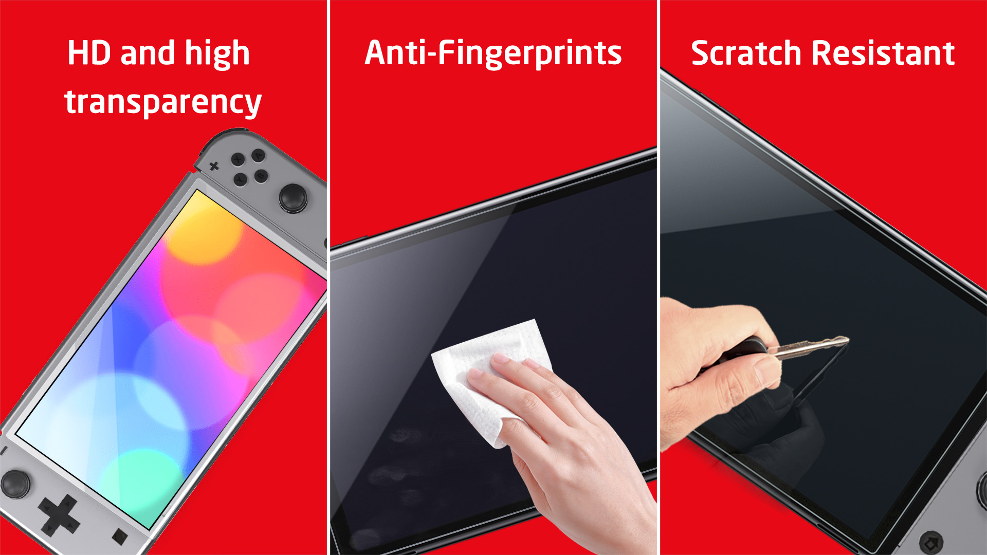 Viene mostrato un proteggi schermo HD. L'immagine mostra una console di gioco, la pulizia di uno schermo e una chiave che graffia lo schermo.