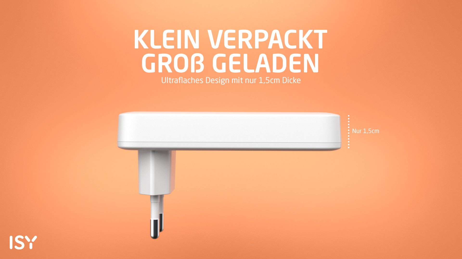 Biała ładowarka z wtyczką europejską, tekst: 'Klein verpackt groß geladen'.