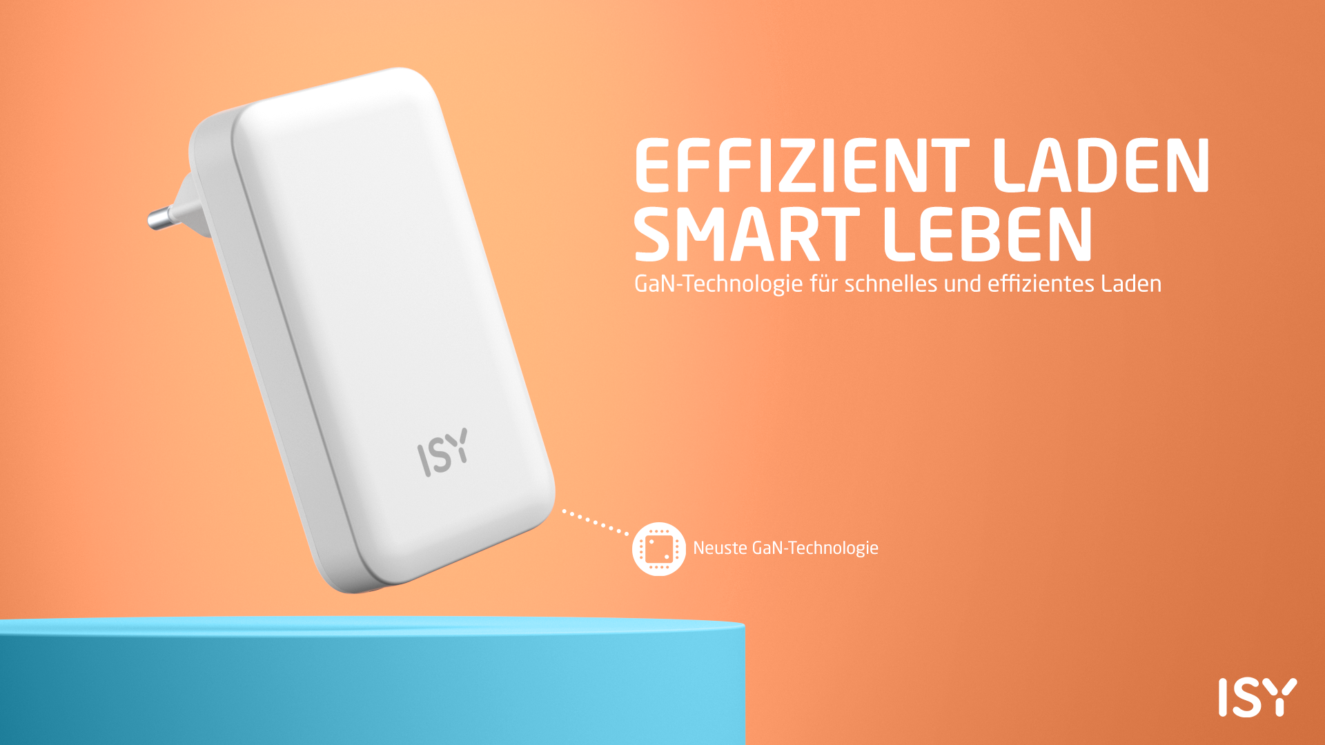 Biała ładowarka z logo ISY na pomarańczowym tle. Tekst: Efektywne ładowanie, mądre życie.