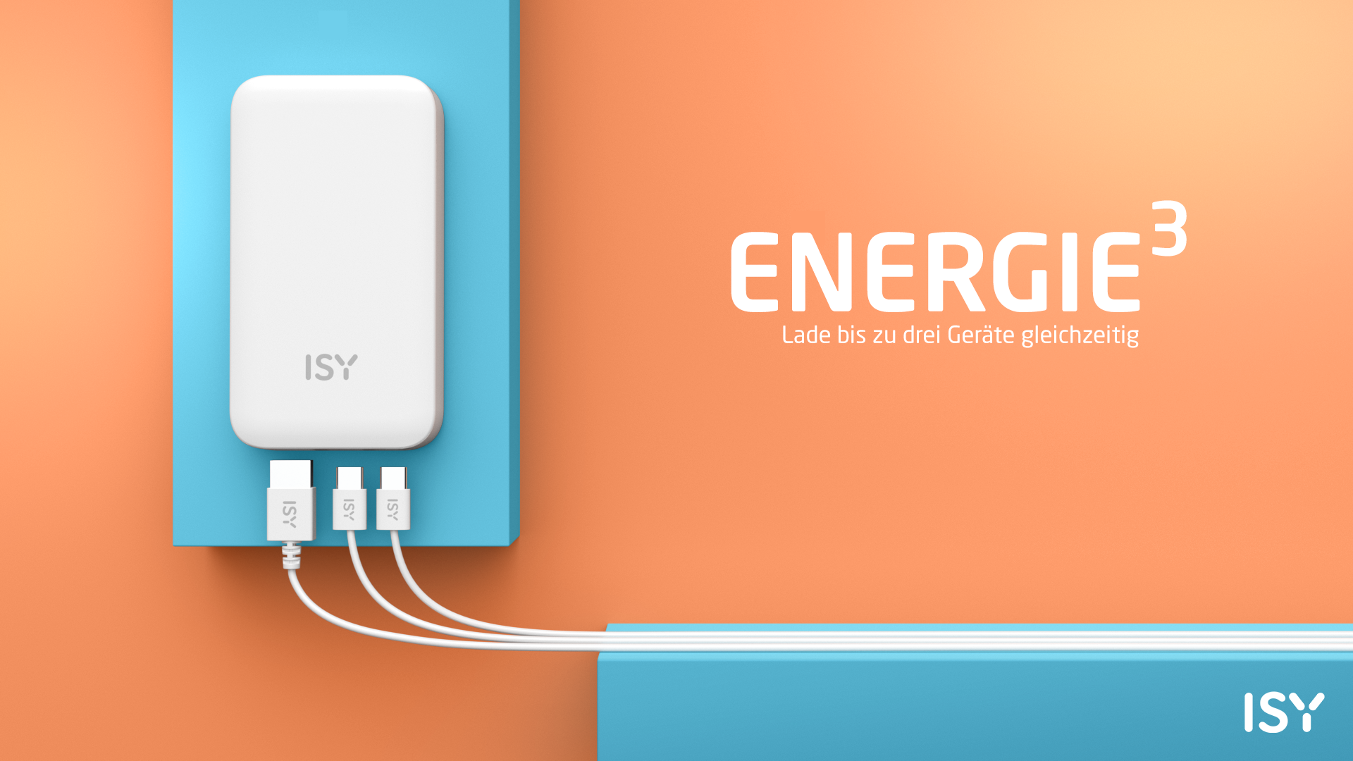 Biały power bank ISY z trzema białymi kablami ładującymi na pomarańczowym tle.