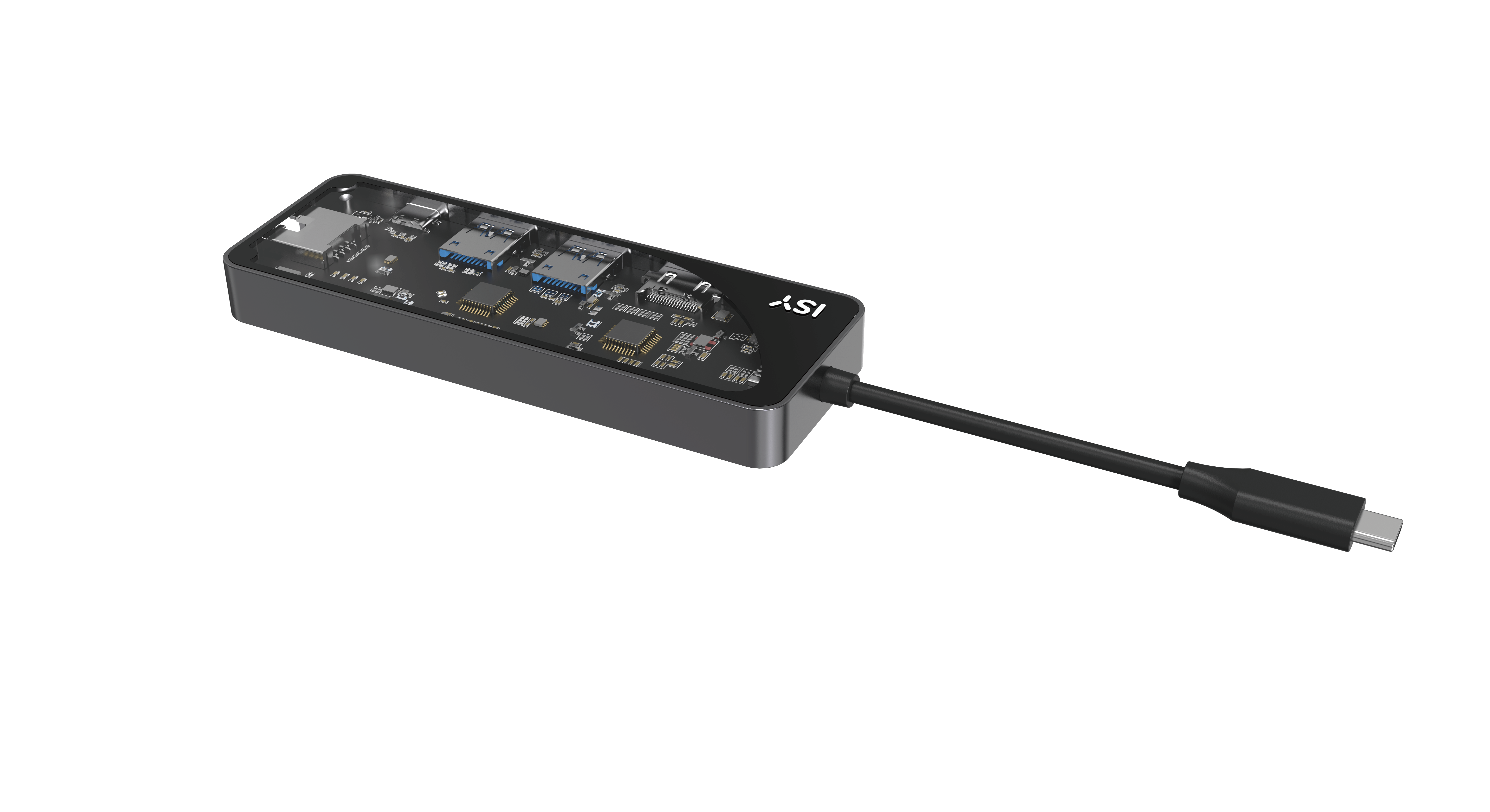 Czarny hub USB z wieloma portami. Ma logo ISY i czarny kabel.