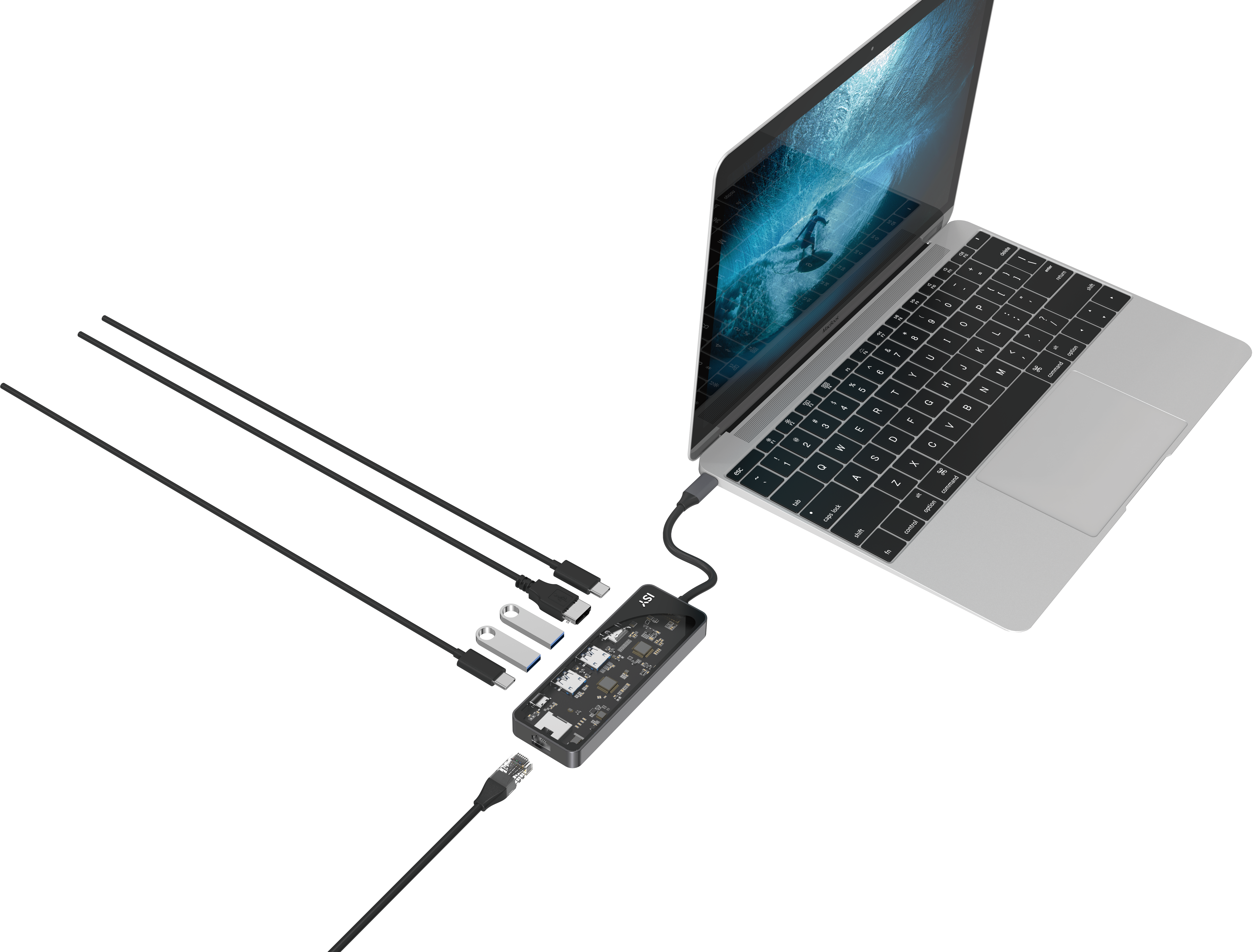 Laptop podłączony do huba USB-C z akcesoriami.