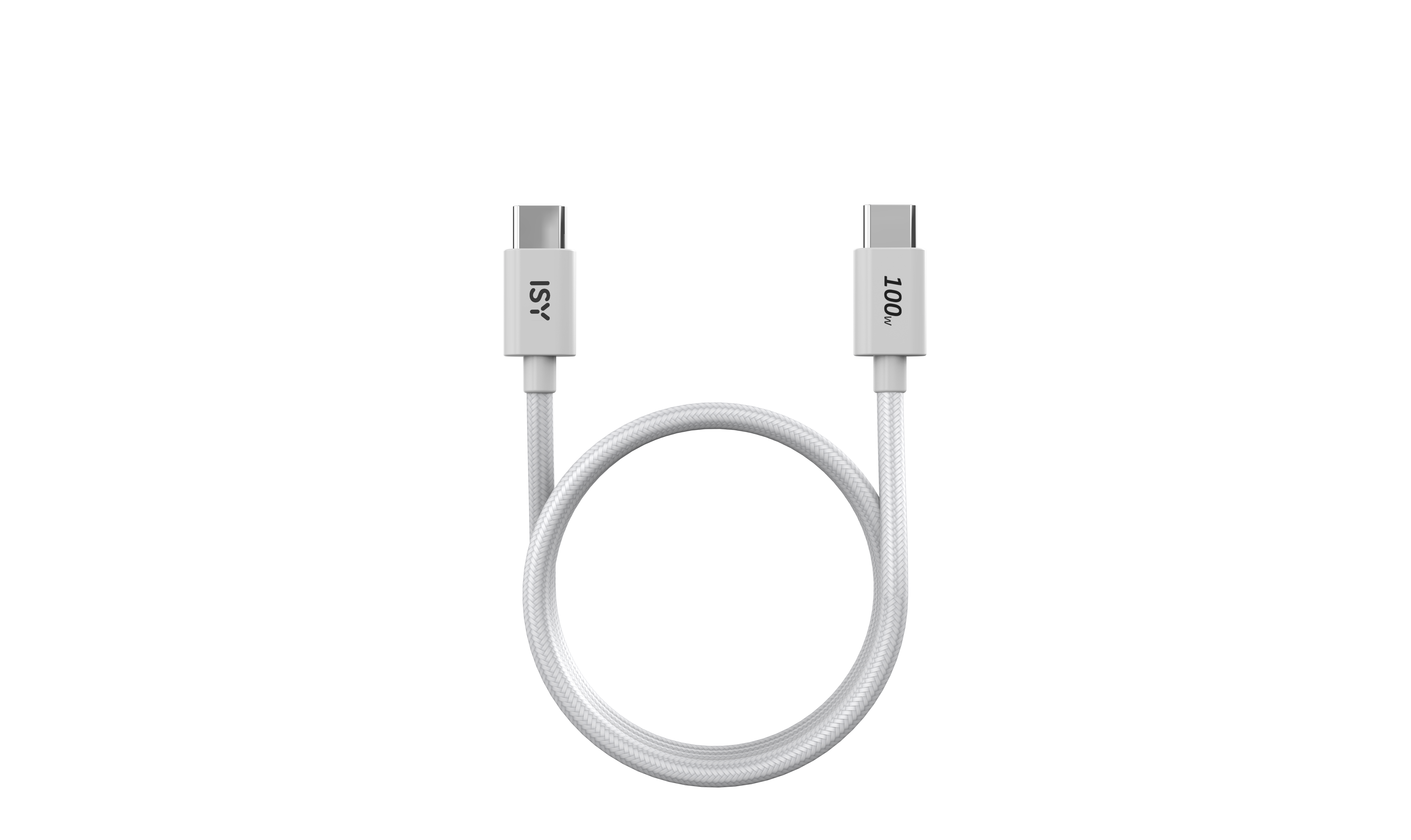 Biały kabel ładujący ISY USB-C do USB-C, z czarnym tłem.