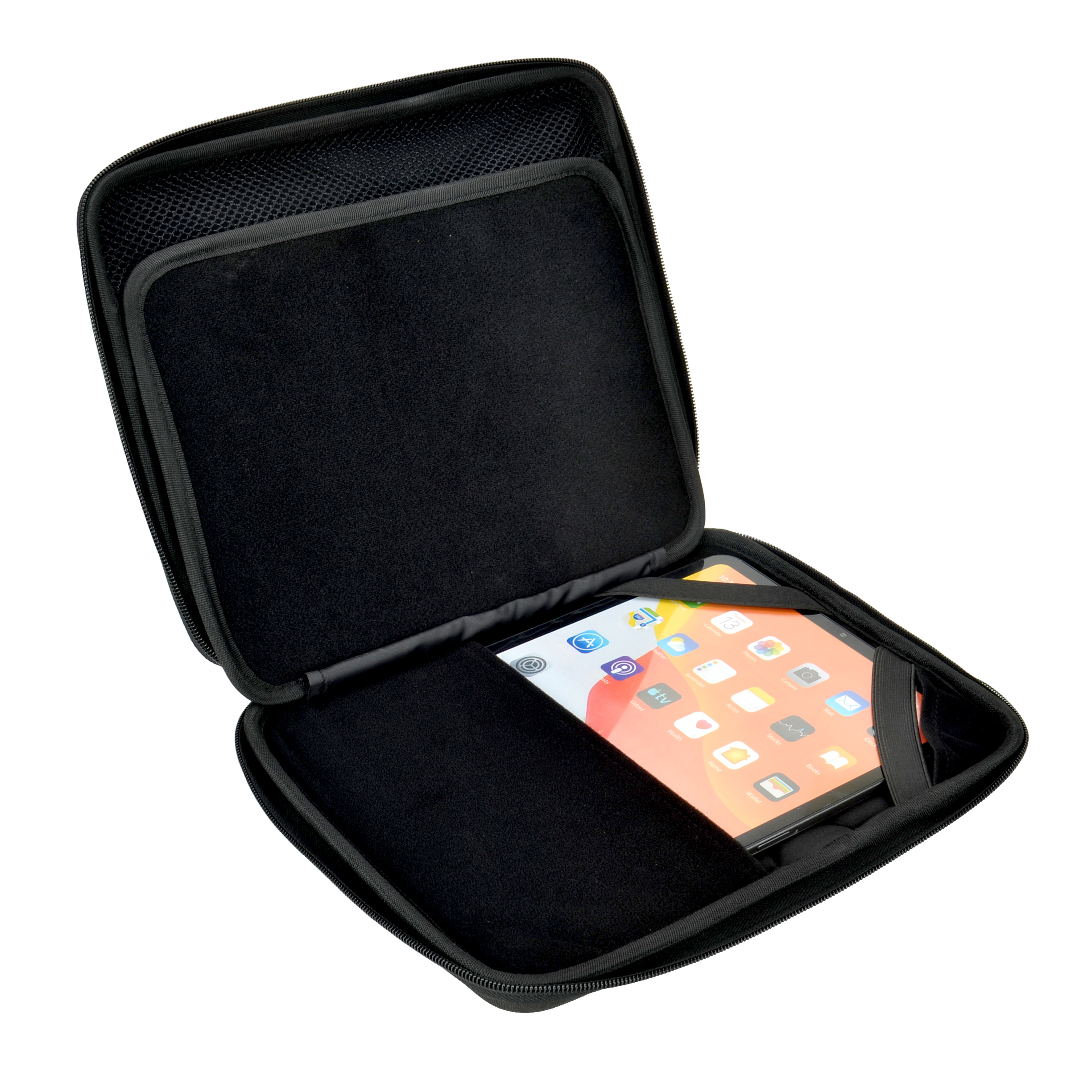 Étui de tablette noir ouvert avec une tablette à l'intérieur. Fond blanc.