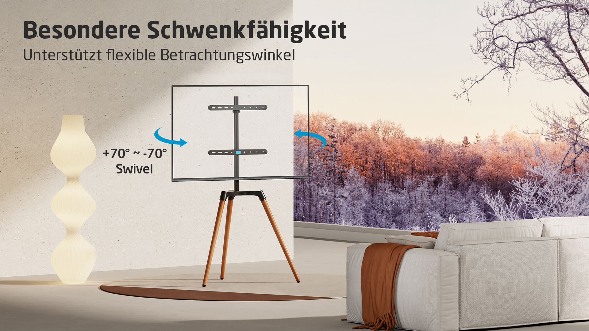 Un support de téléviseur avec un téléviseur et un paysage d'hiver.