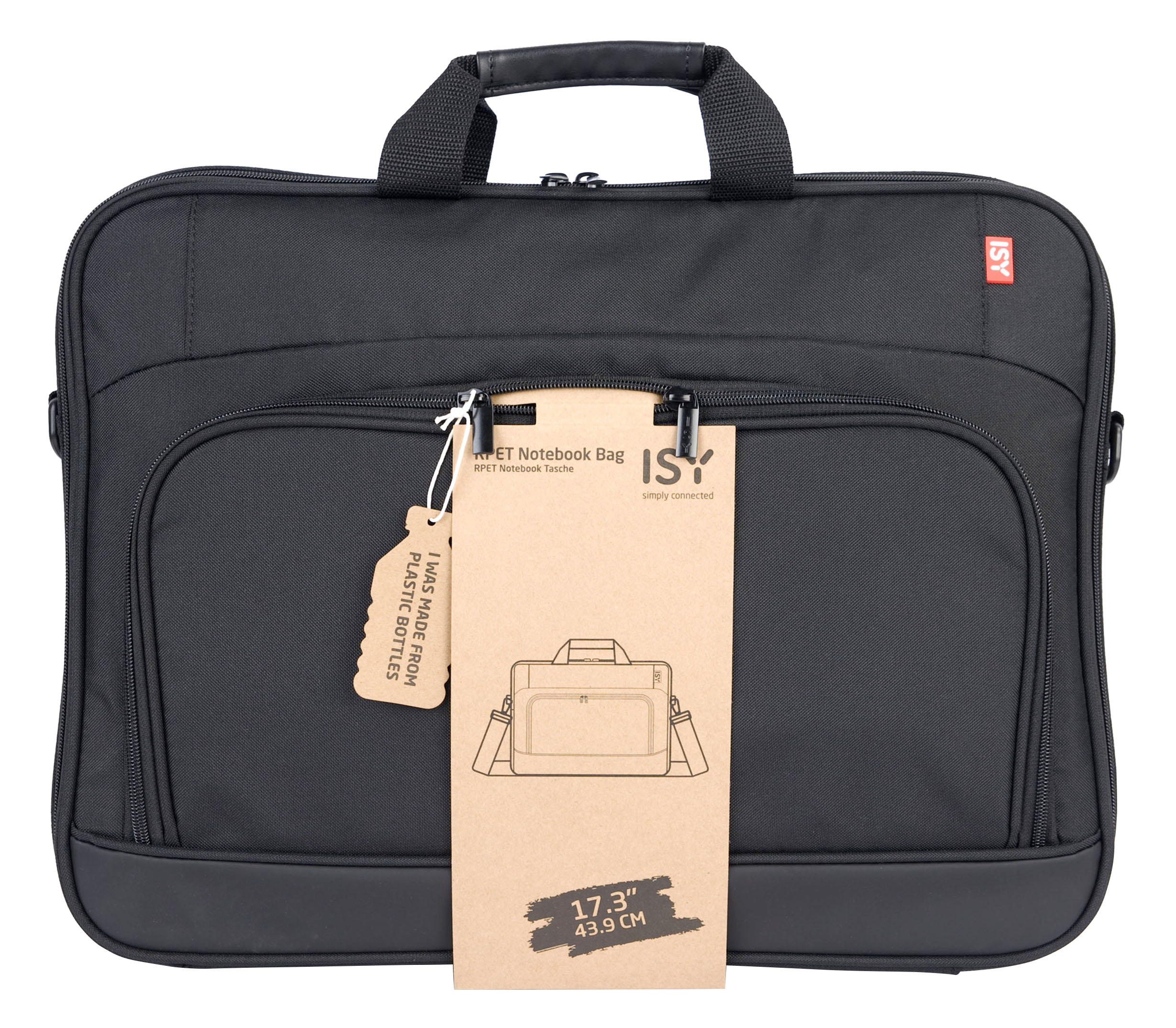 Borsa per laptop nera con etichetta che dice che è fatta da bottiglie di plastica. Ha un manico e tasche.