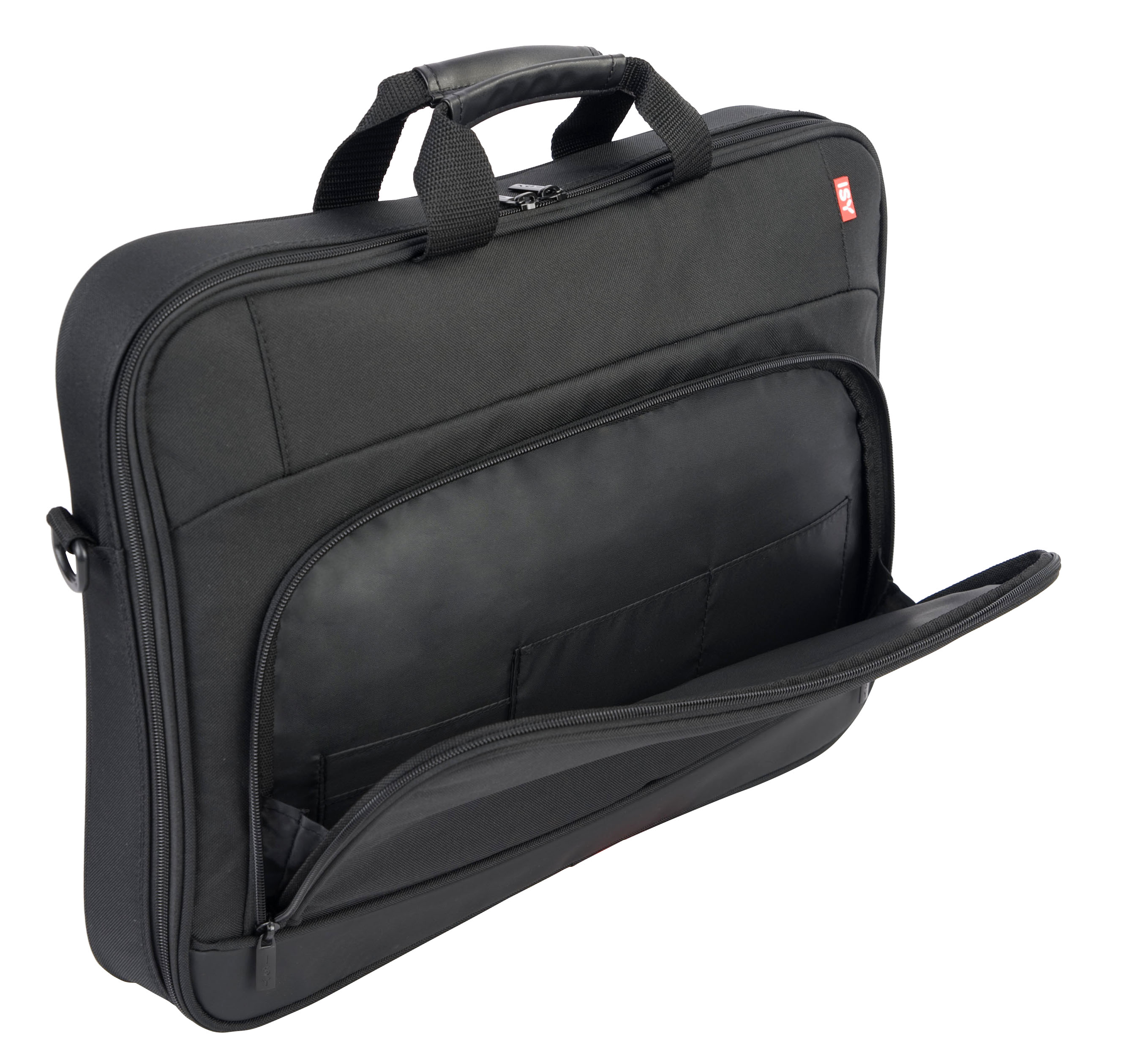 Una borsa per laptop nera con tasca frontale aperta.