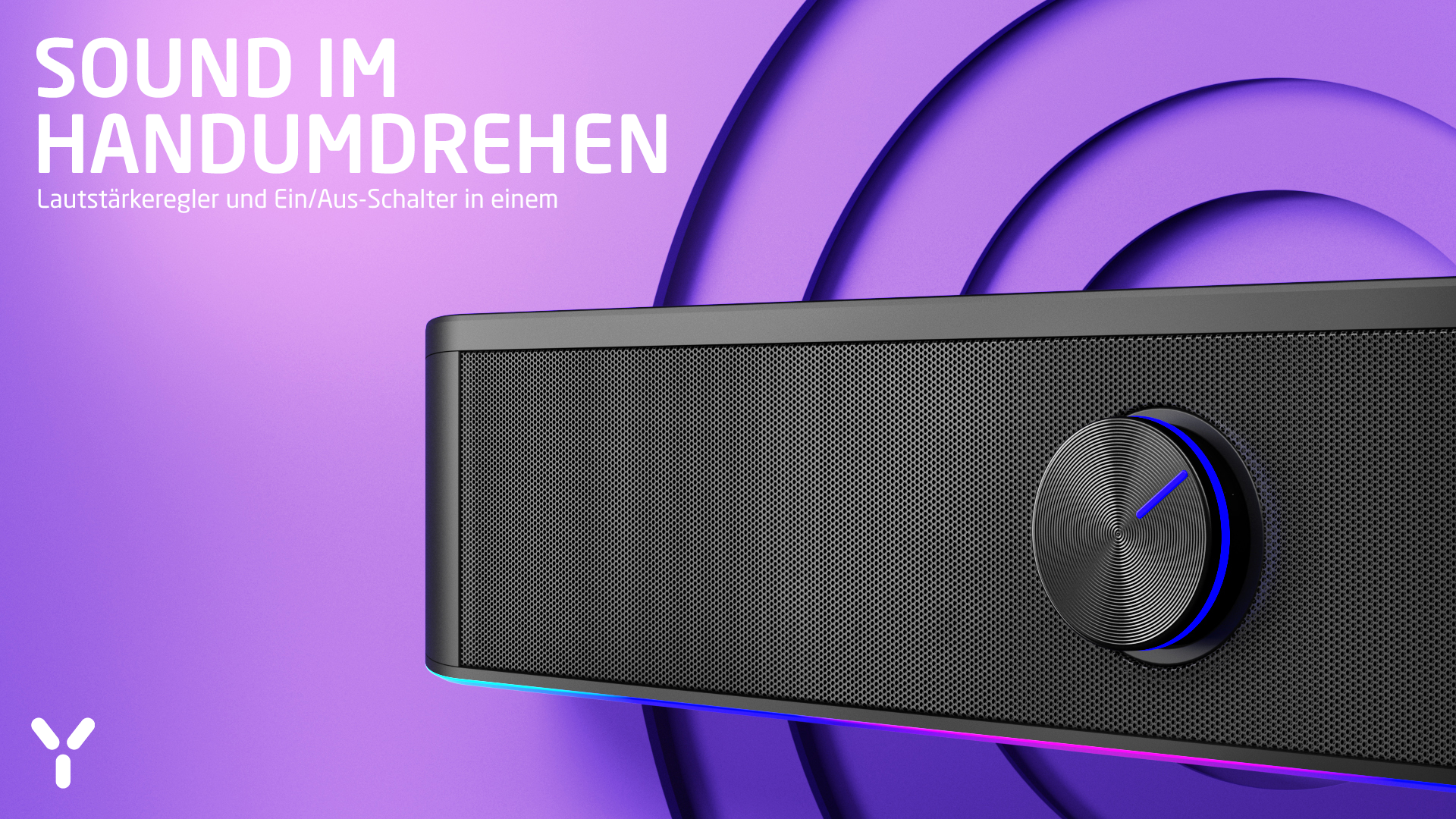 Czarny głośnik z pokrętłem głośności, tekst na fioletowym tle.