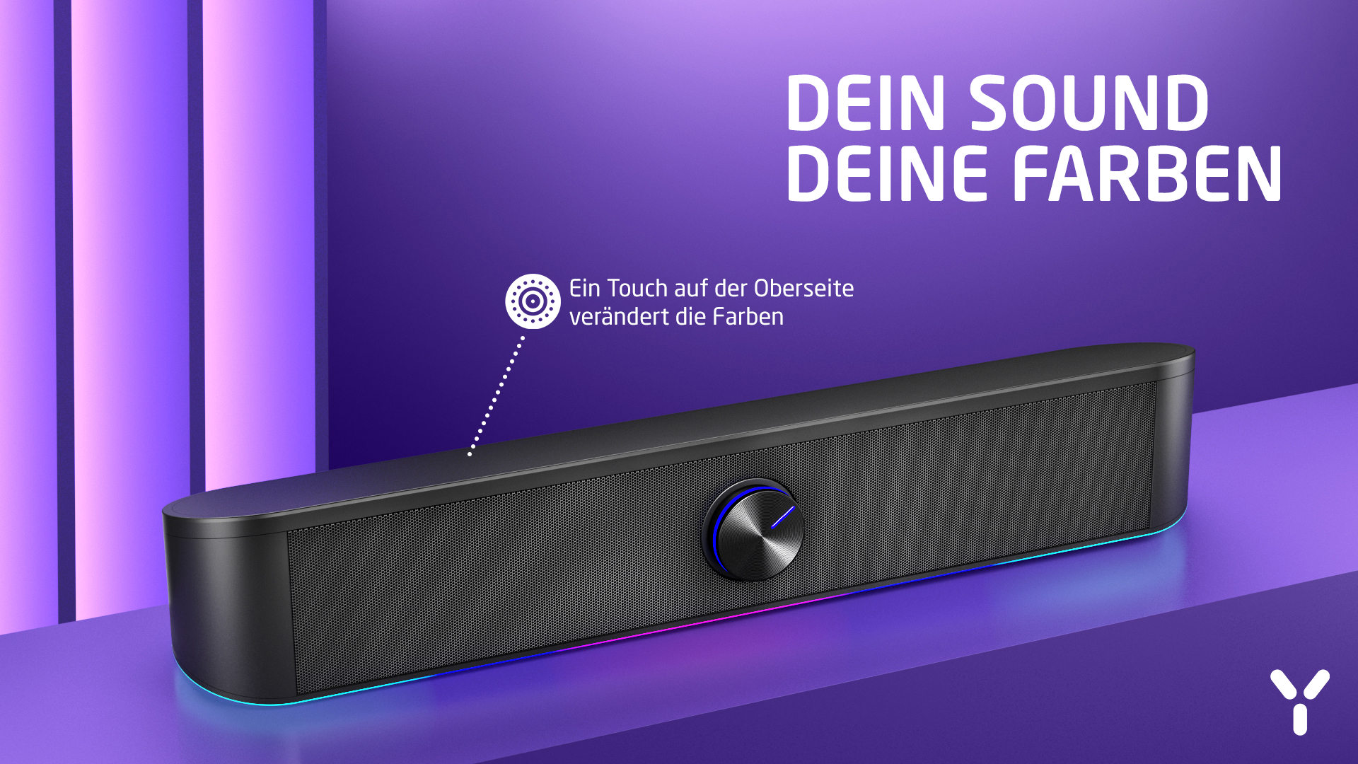 Czarny soundbar z panelem dotykowym i niebieskim pokrętłem głośności na fioletowym tle.