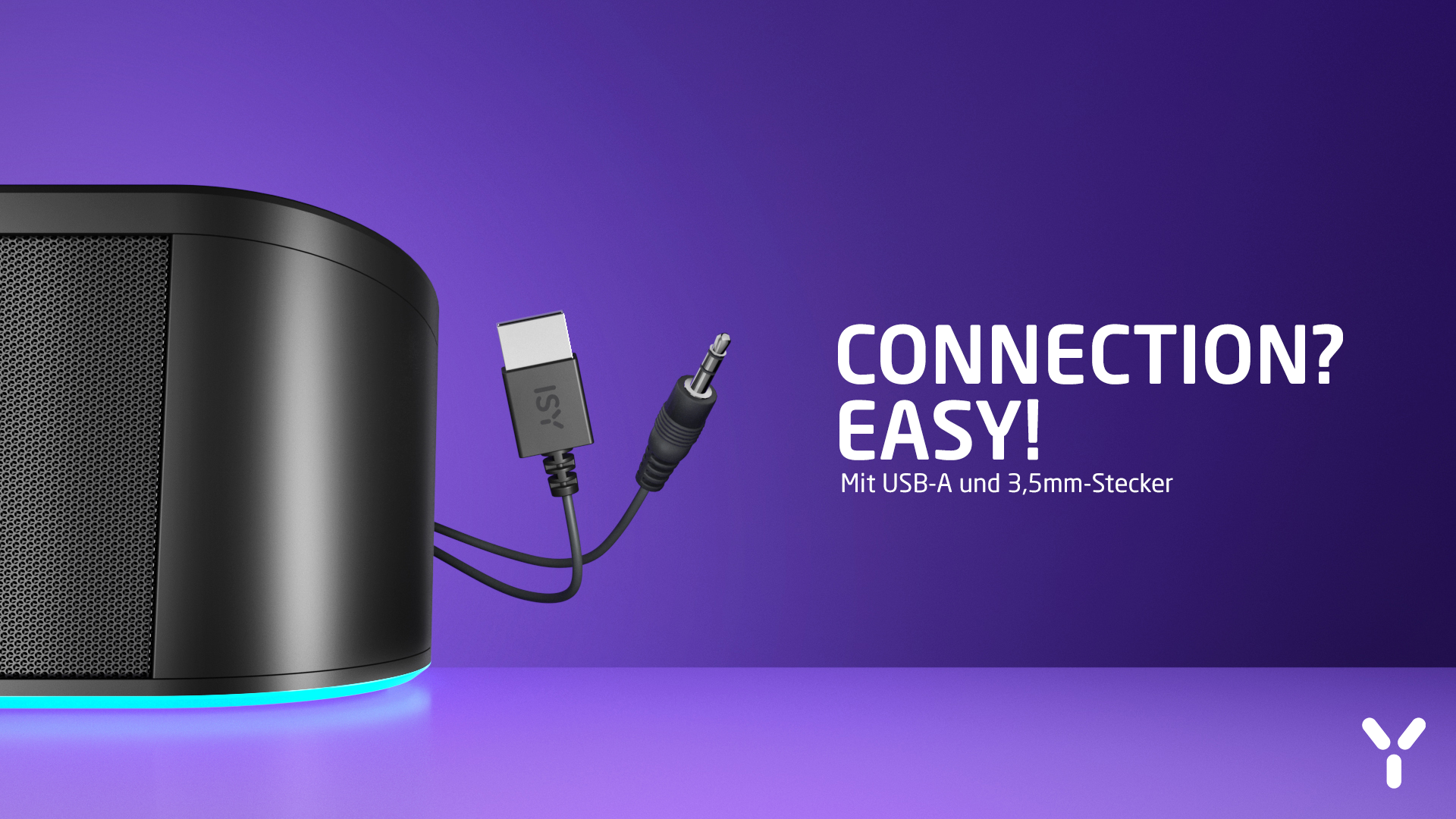 Czarny głośnik z wtyczką USB i 3,5 mm, tekst: Połączenie? Łatwe!