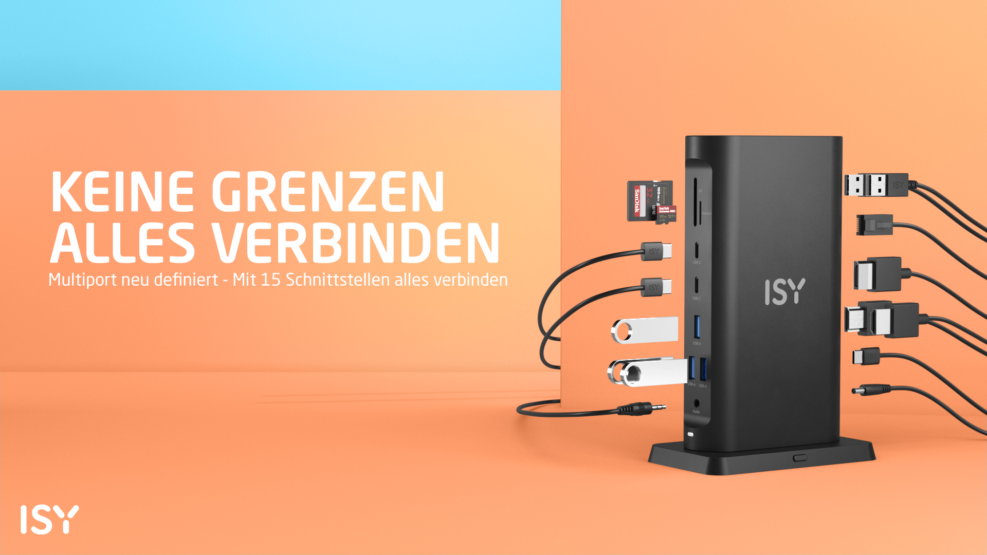 Hub z wieloma portami z tekstem mówiącym, że łączy wszystko za pomocą 15 portów.