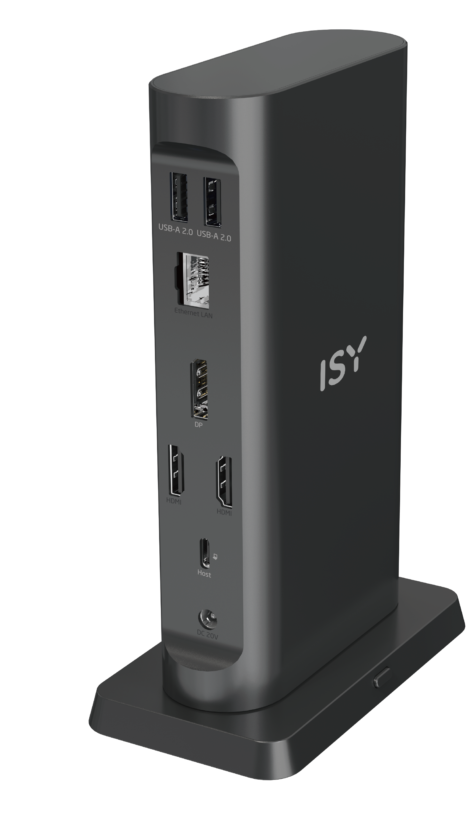 Czarna stacja dokująca USB z wieloma portami. Ma logo ISY.