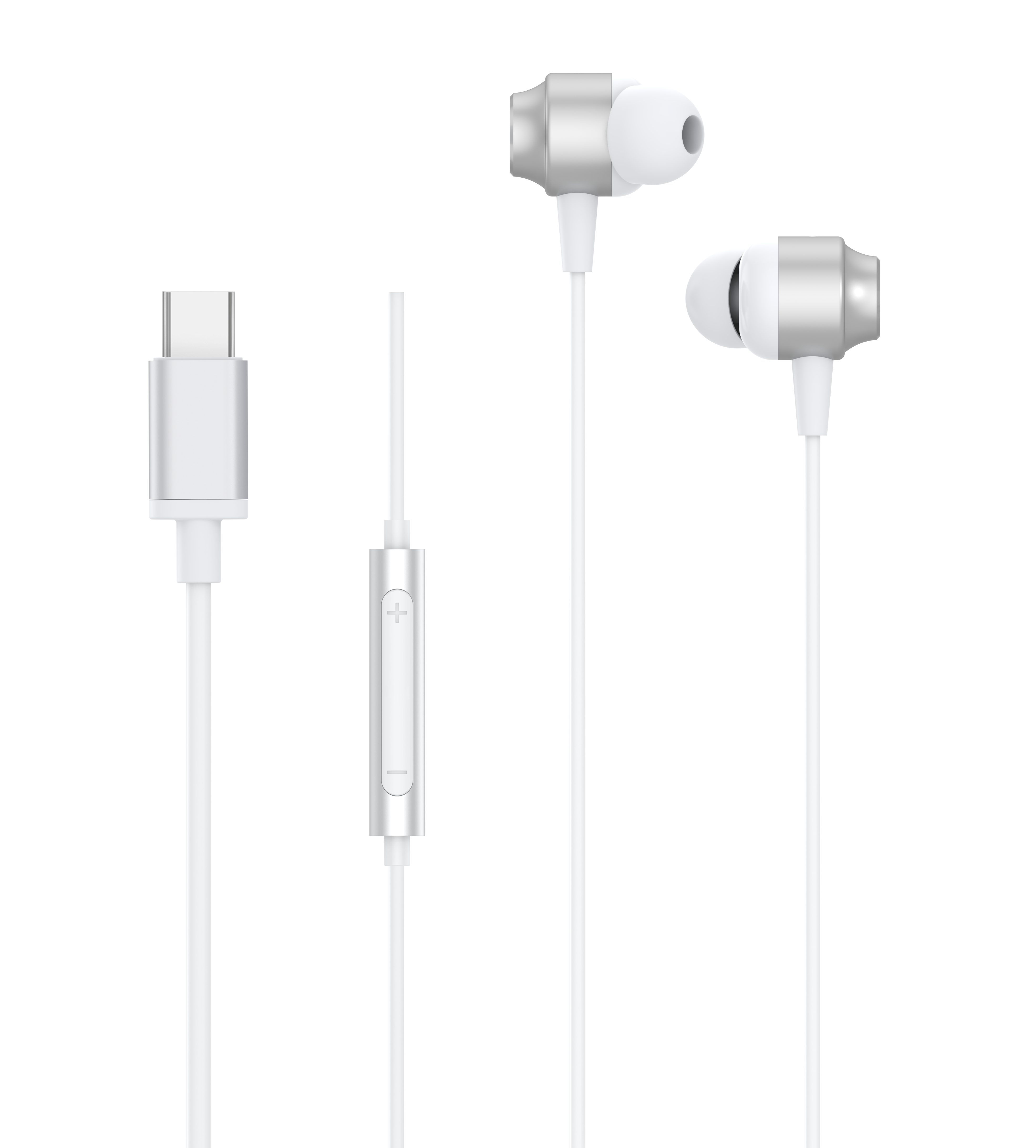Écouteurs blancs avec un câble blanc, un module de commande et un connecteur USB-C.