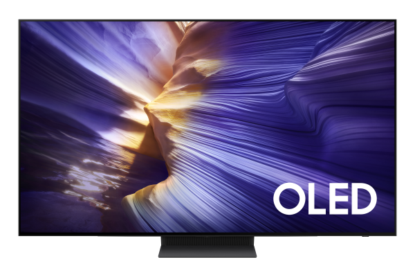Siyah arka plan üzerinde büyük bir OLED TV, ekranda OLED kelimesiyle soyut bir görüntü gösteriyor.