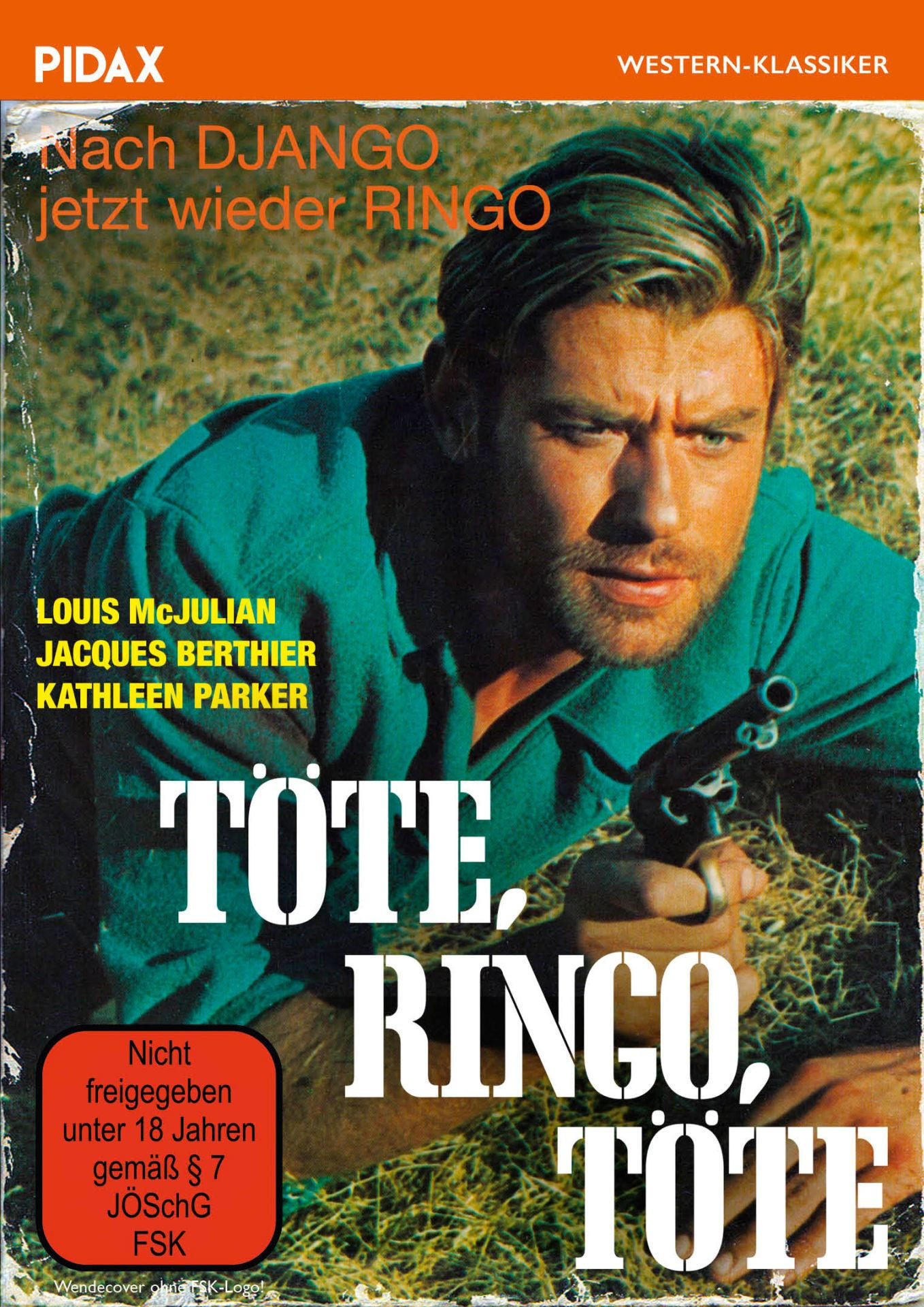Filmposter: Ein Mann in grünem Hemd hält eine Pistole. Text: TOTE, RINGO, TOTE.