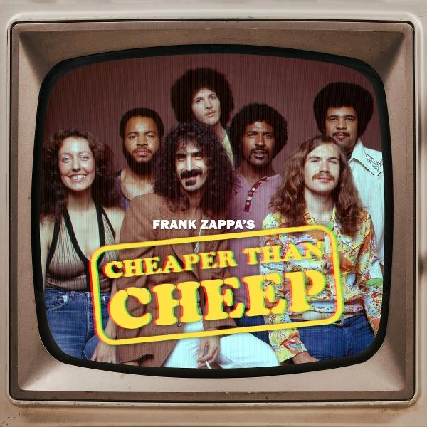 Bild eines Vintage-TV-Bildschirms mit einer Band und dem Text 'Frank Zappas Cheaper Than Cheep'.