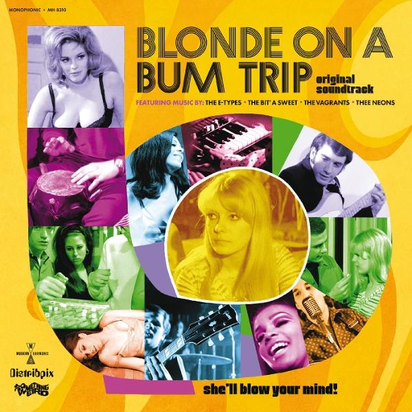 Albumcover mit Collage von Bildern, einschließlich einer Frau, Text 'Blonde on a Bum Trip'.