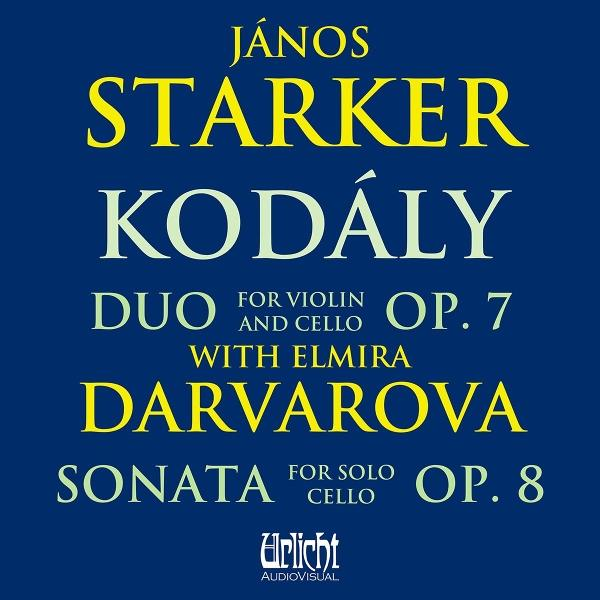 Blaues Albumcover mit Text in Gelb und Weiß. Der Text handelt von Janos Starker Kodaly Duo.