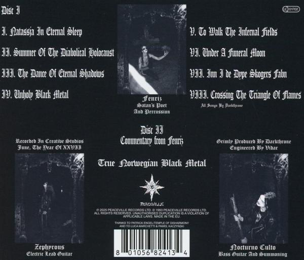 Albumcover mit Text und Bildern: Bandmitglieder, Songtitel. Dunkler Hintergrund, weißer Text.