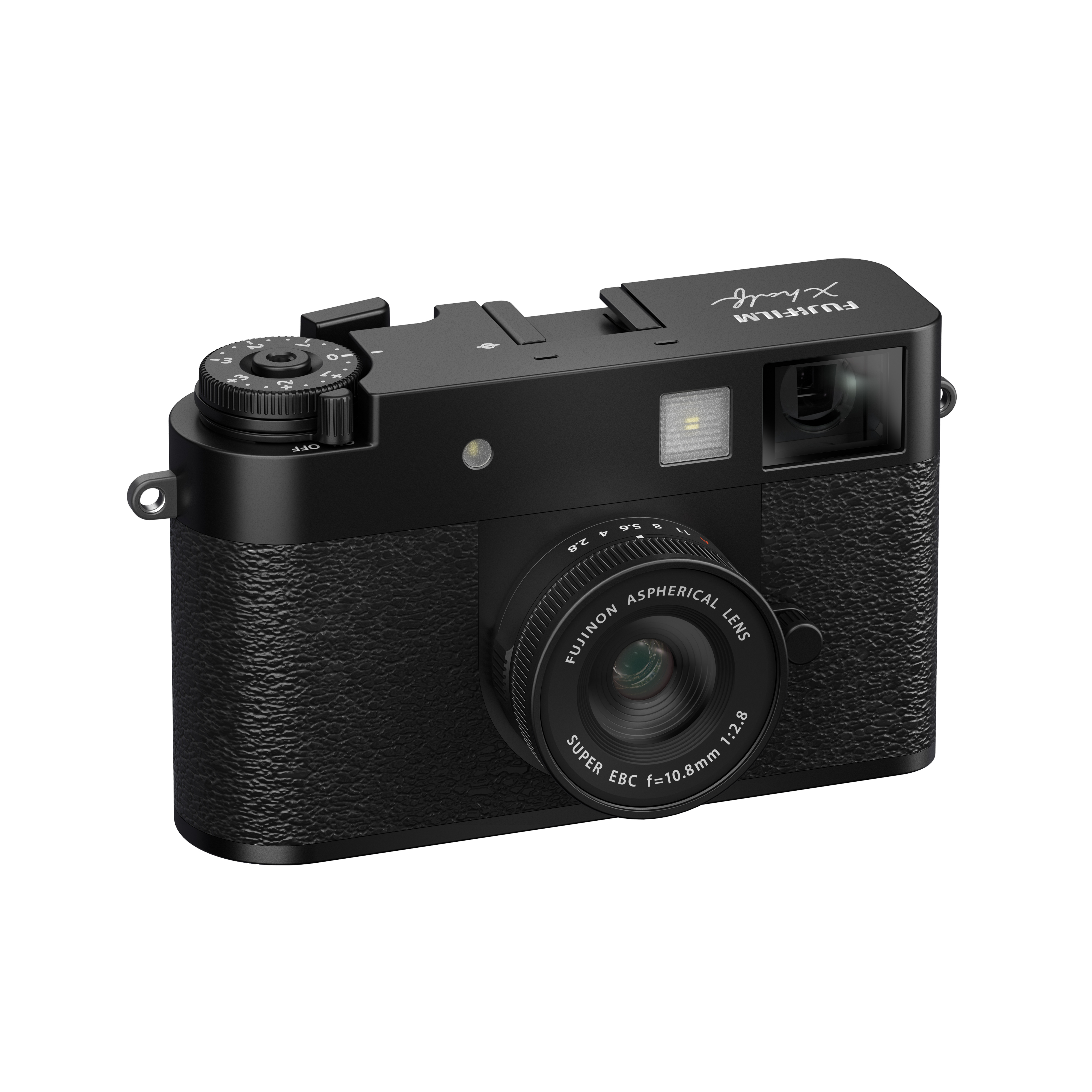 Schwarze Kamera mit Objektiv und Knöpfen. Enthält die Wörter 'Fujifilm' und 'X'. Strukturierter Griff.