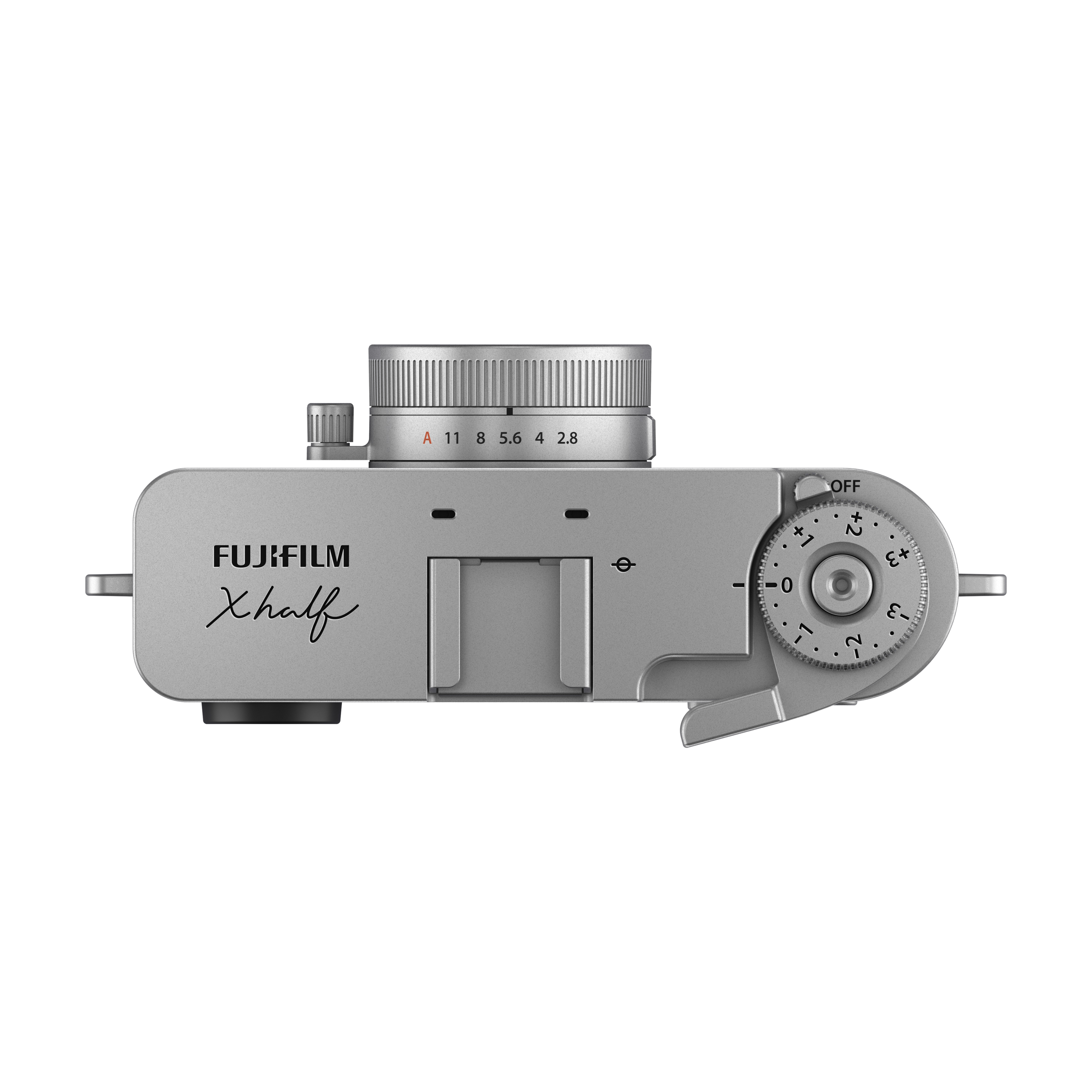 Draufsicht auf eine silberne Fujifilm X-Haf Kamera. Die Räder und Bedienelemente sind sichtbar. Weißer Hintergrund.