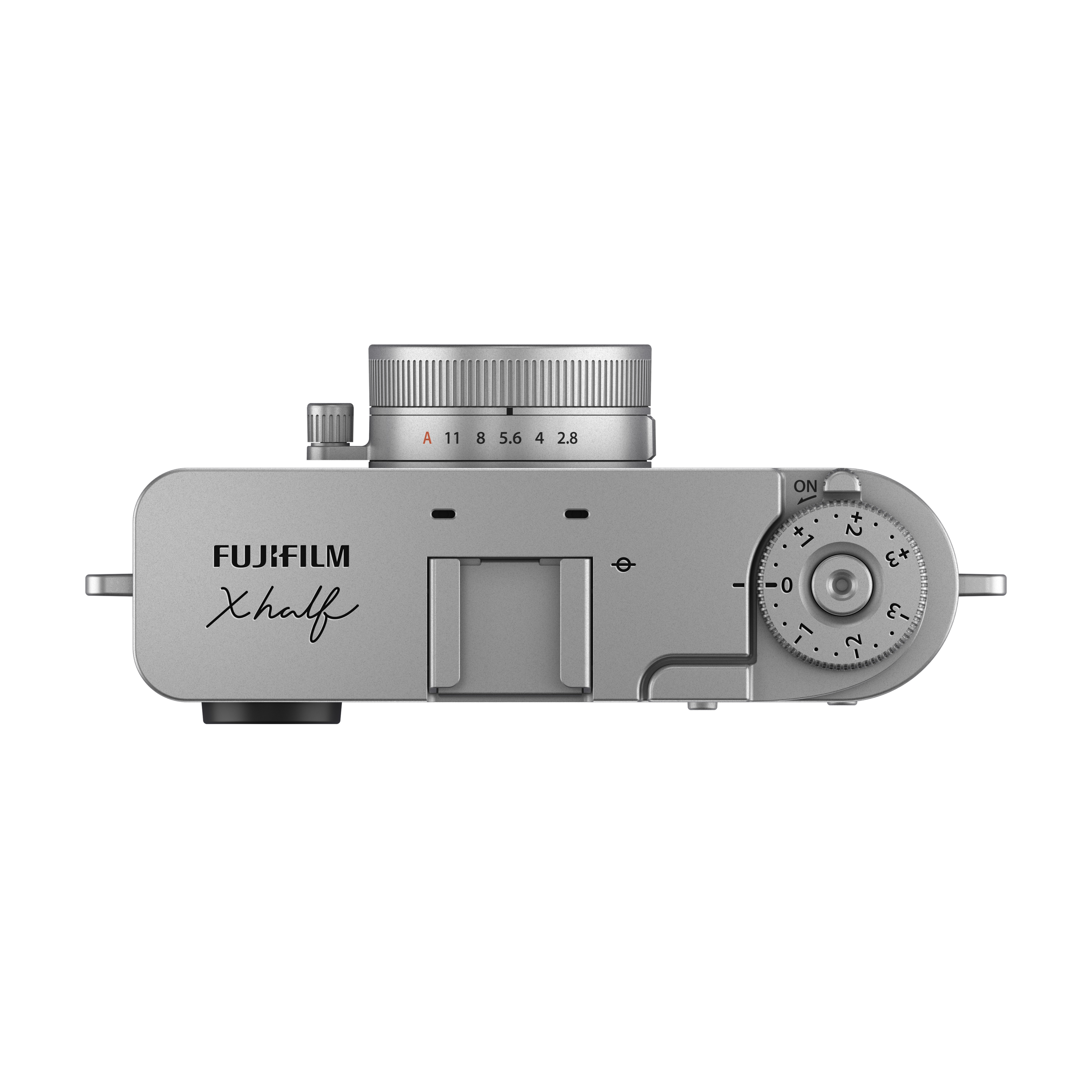Silberne Fujifilm Xhalf Kamera, Draufsicht. Enthält Drehregler, Objektiv und Markennamen.