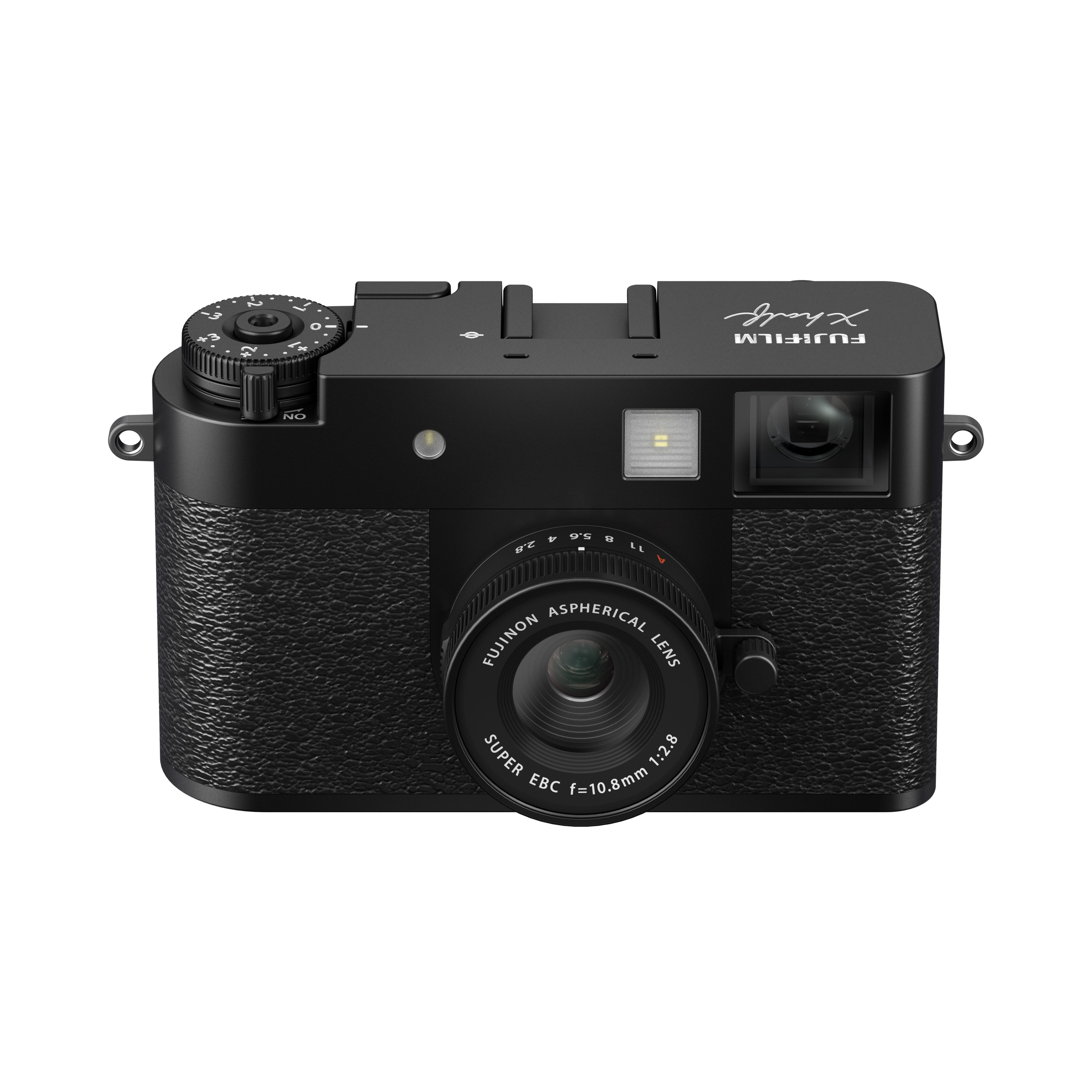Schwarze Kamera, Vorderansicht. Fujifilm X half, mit Objektiv und Einstellrädern.