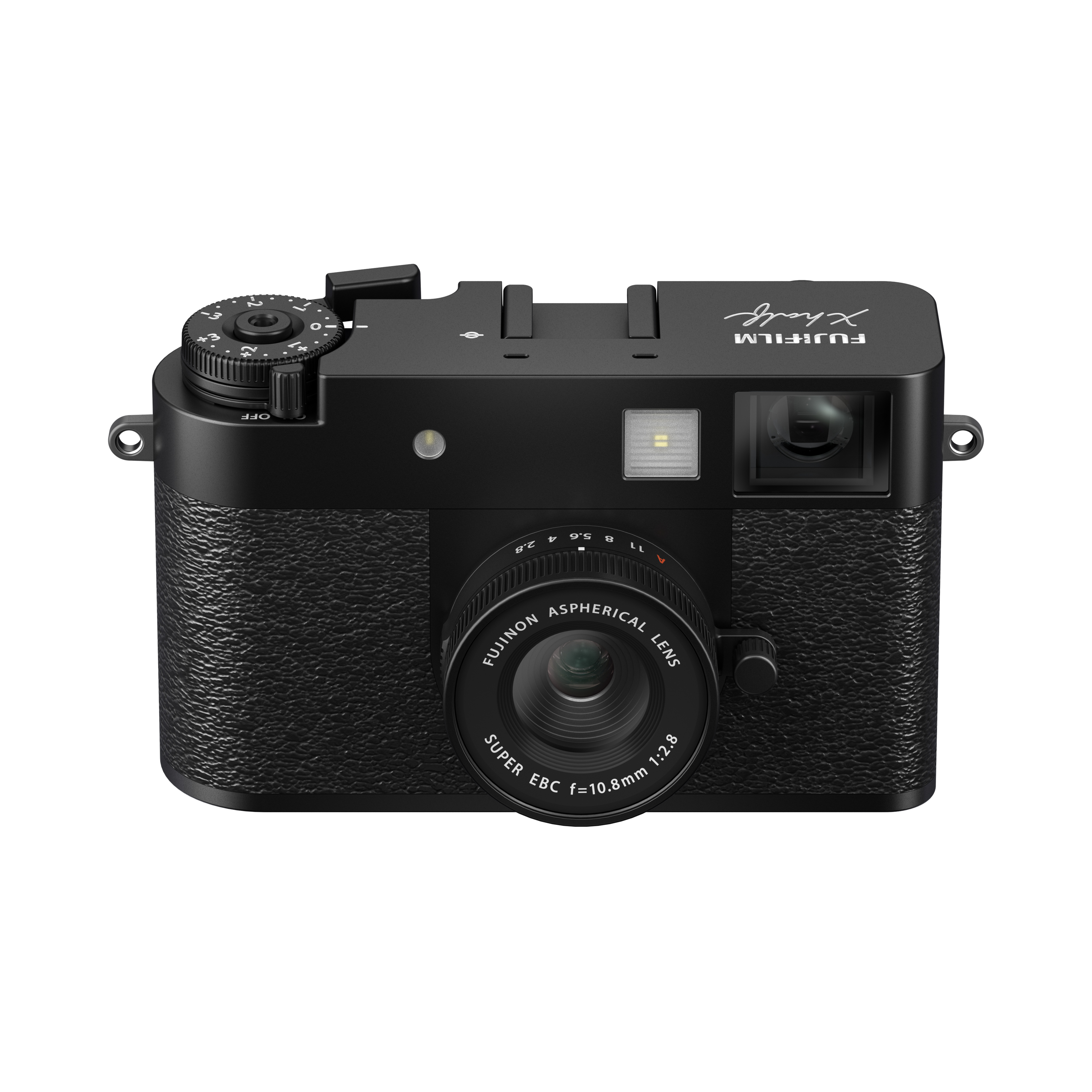 Schwarze Kamera mit Objektiv und Knöpfen. Enthält die Wörter 'Fujifilm' und 'X'. Strukturierter Griff.