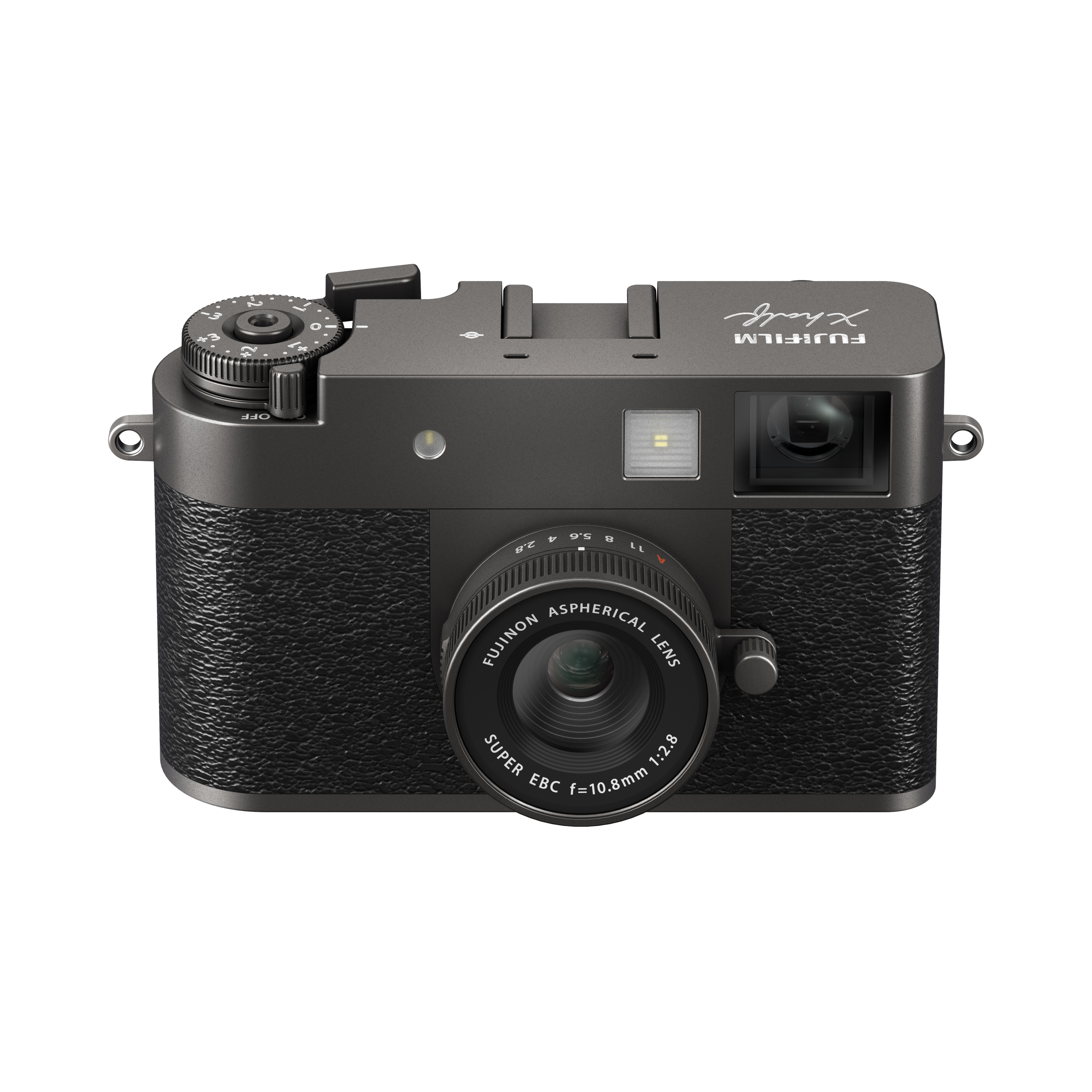 Schwarze Fujifilm Xhalf Kamera, Vorderansicht. Objektiv und Drehregler sichtbar. Markenname vorne.