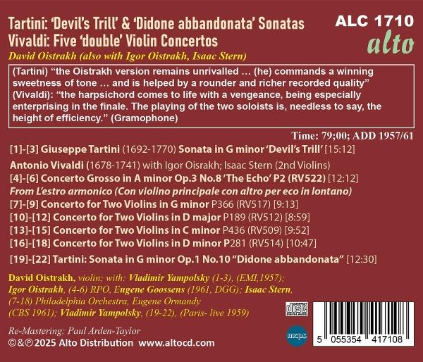 CD-Cover mit Text: Tartini- und Vivaldi-Violinkonzerte. Mit David Oistrakh. Alto Records Logo und Barcode sichtbar.