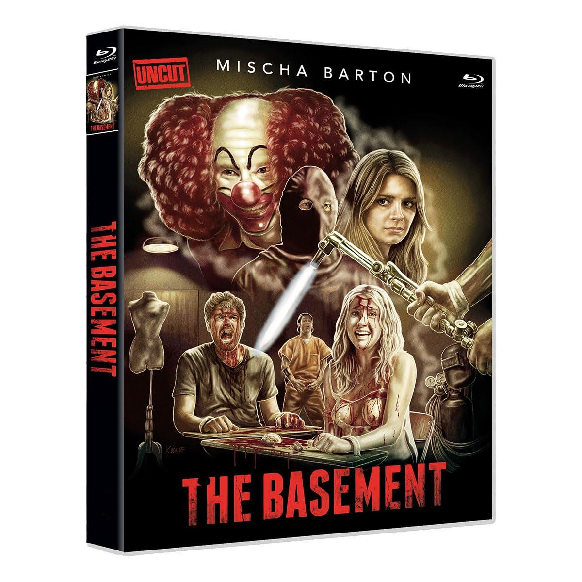 DVD-Cover: Horrorszene mit Clown, Personen und dem Titel 'The Basement'.