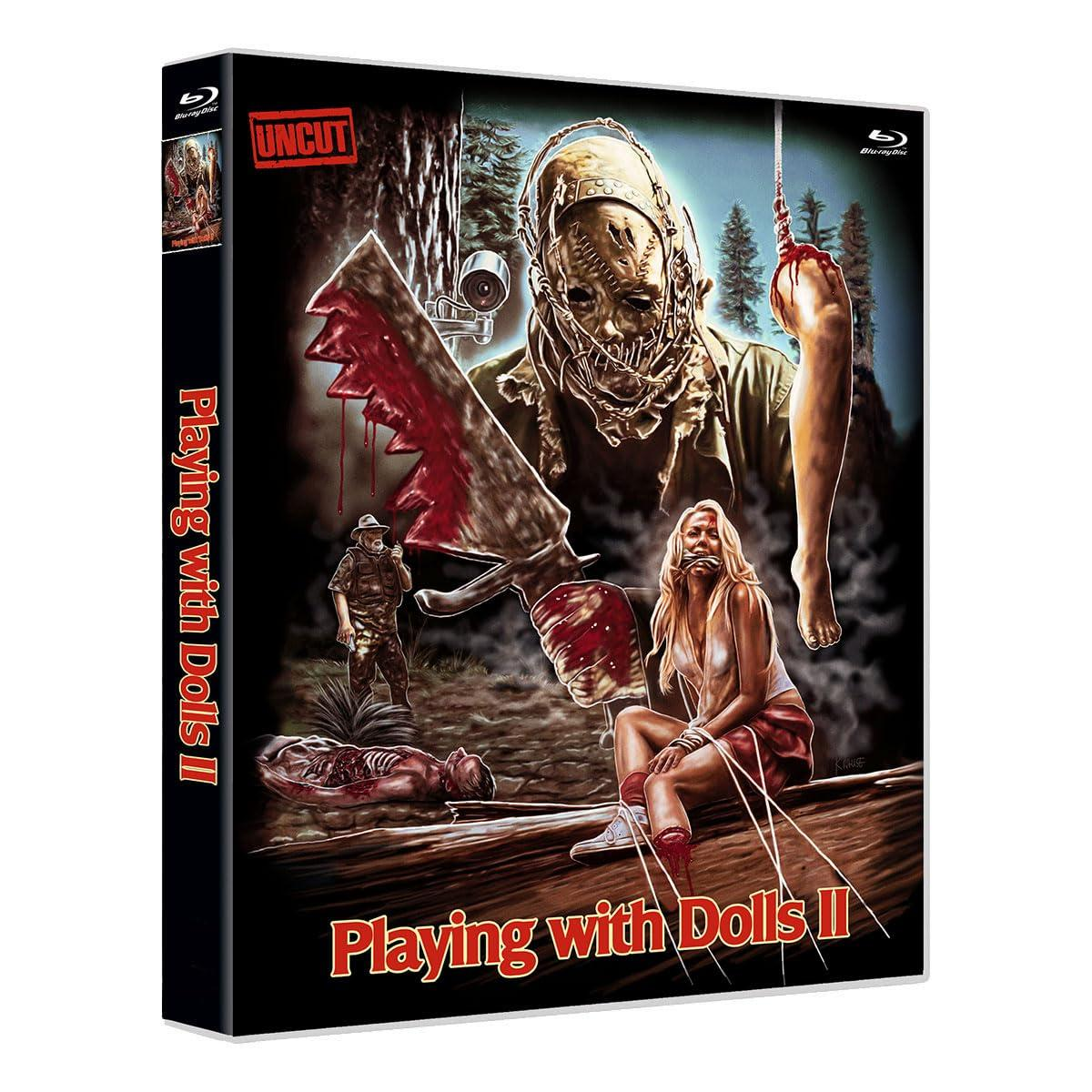 Filmcover: Mann mit Maske hält Säge. Gefesselte Frau. Horrorfilm.