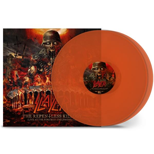 Albumcover für 'The Repentless Killogy'. Enthält einen Soldaten, Flammen und Orange Vinyl.