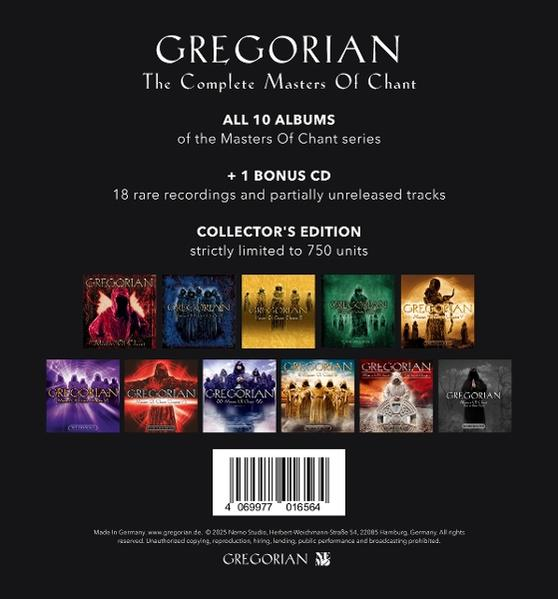 Albumcover, das mehrere Albumcover und Text über die Alben von Gregorian zeigt, sowie einen Barcode unten.